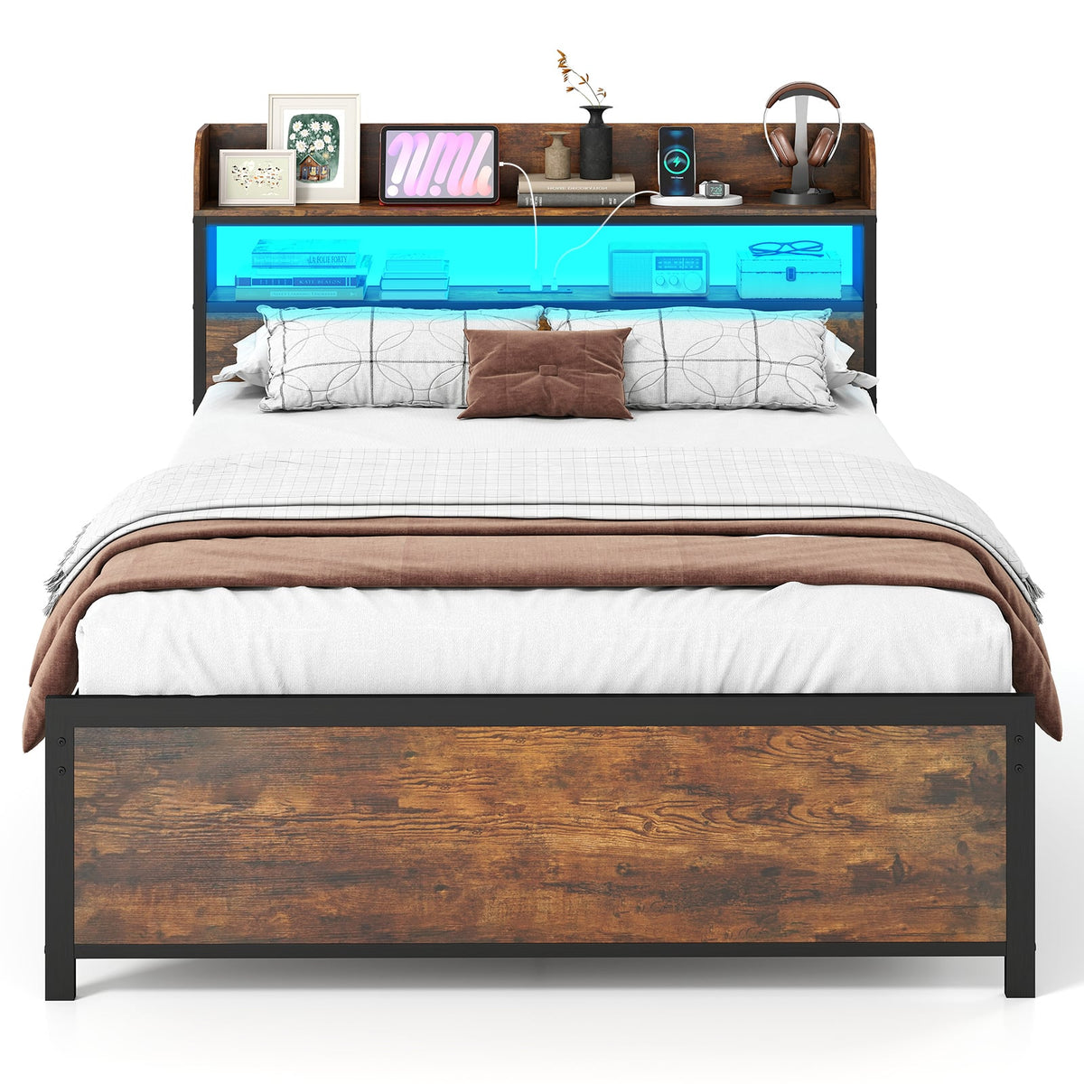 LED Bed Frame with Power Outlets and Storage Headboard-Full Size-Beds & Bed Frames-DECOROLALA