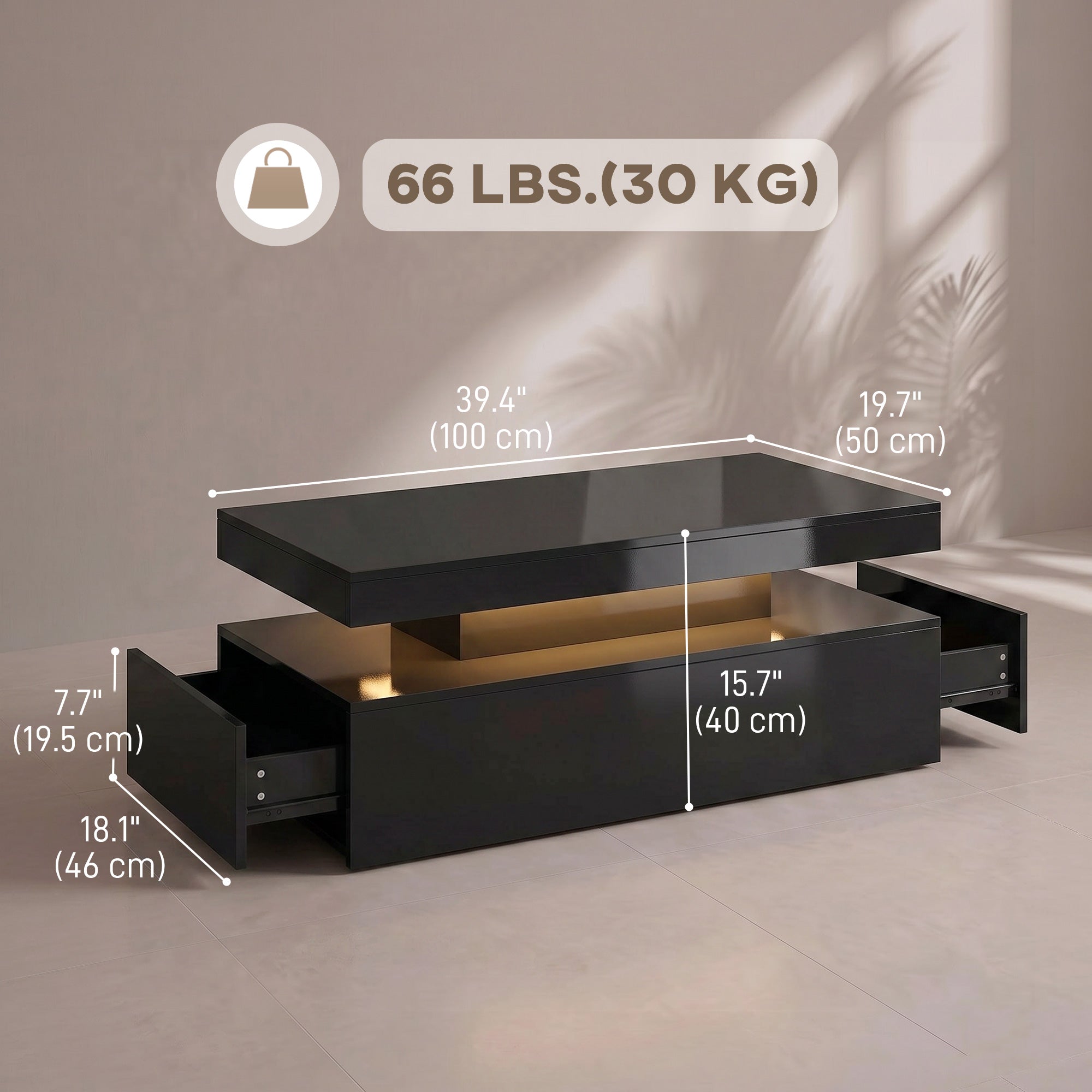 LED Coffee Table - High Gloss Black 2-Drawer Modern Table-Home Furnishings > Living Room Furniture > Coffee Tables-DECOROLALA