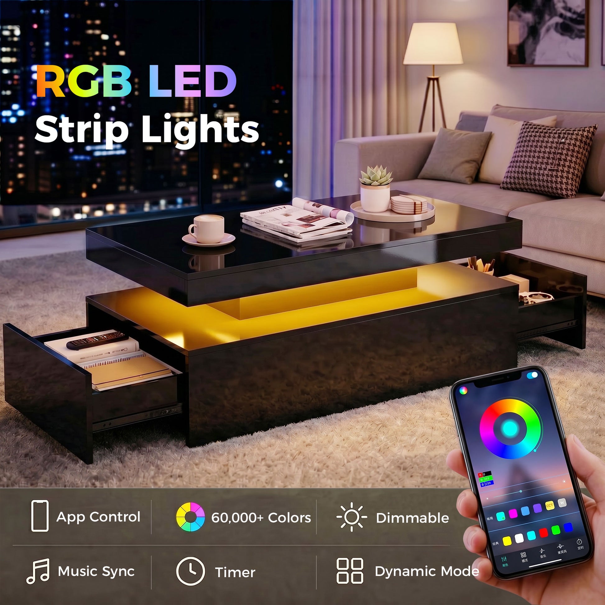 LED Coffee Table - High Gloss Black 2-Drawer Modern Table-Home Furnishings > Living Room Furniture > Coffee Tables-DECOROLALA