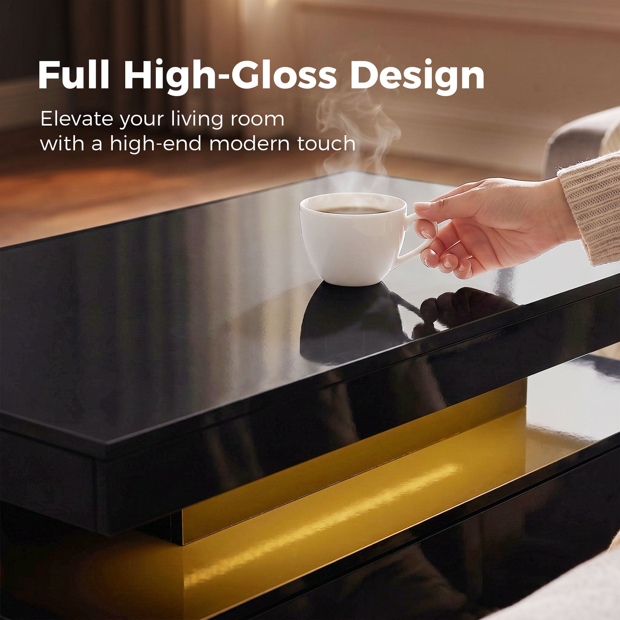 LED Coffee Table - High Gloss Black 2-Drawer Modern Table-Home Furnishings > Living Room Furniture > Coffee Tables-DECOROLALA