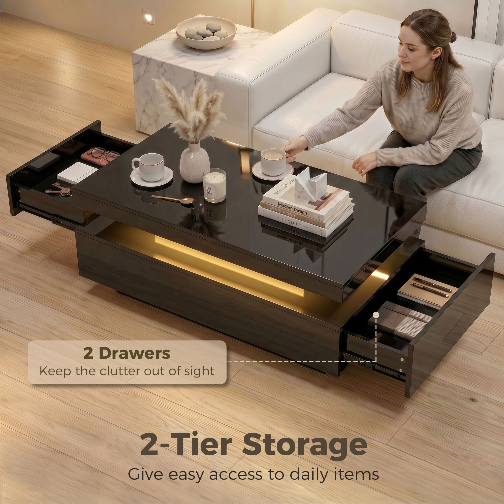LED Coffee Table - High Gloss Black 2-Drawer Modern Table-Home Furnishings > Living Room Furniture > Coffee Tables-DECOROLALA