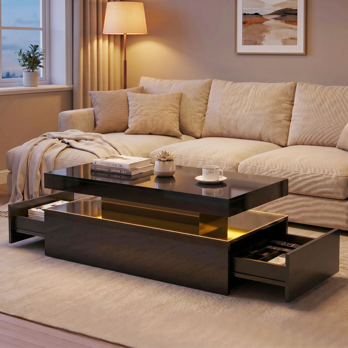 LED Coffee Table - High Gloss Black 2-Drawer Modern Table-Home Furnishings > Living Room Furniture > Coffee Tables-DECOROLALA