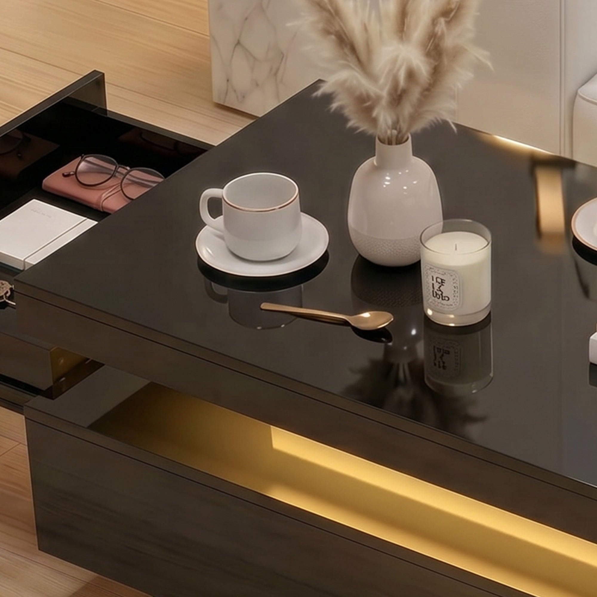 LED Coffee Table - High Gloss Black 2-Drawer Modern Table-Home Furnishings > Living Room Furniture > Coffee Tables-DECOROLALA
