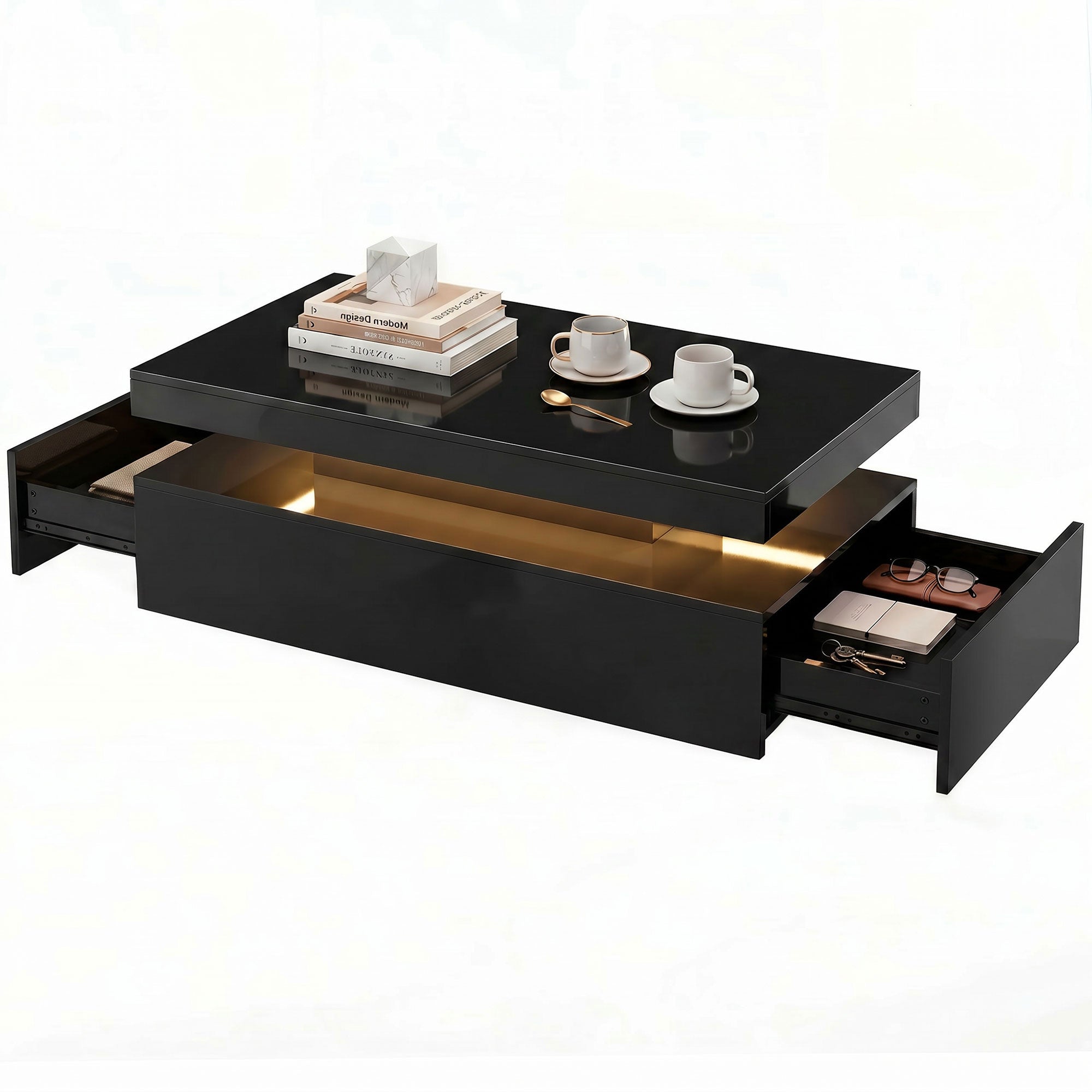 LED Coffee Table - High Gloss Black 2-Drawer Modern Table-Home Furnishings > Living Room Furniture > Coffee Tables-DECOROLALA