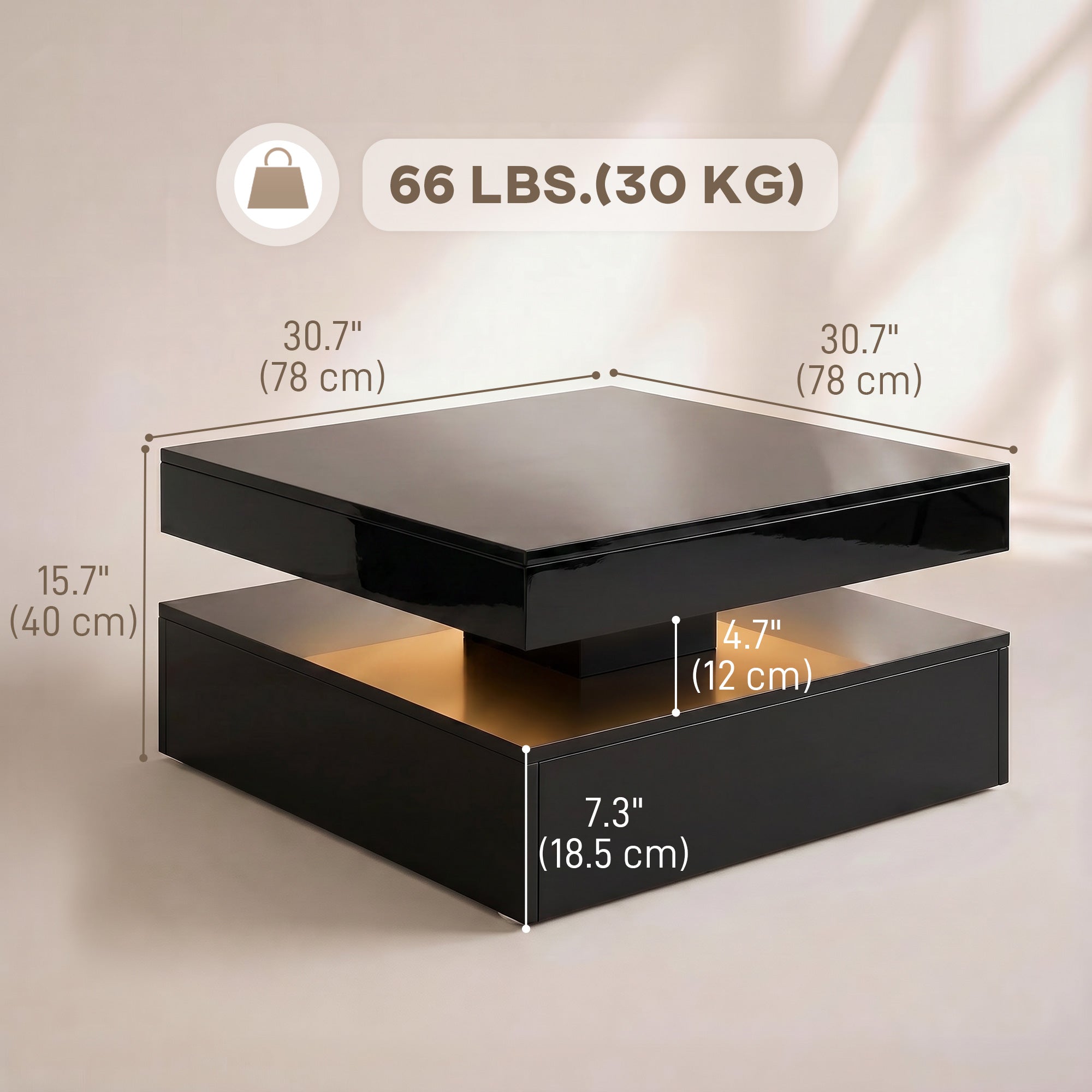 LED Coffee Table - High Gloss Black 2-Tier Modern Table-Home Furnishings > Living Room Furniture > Coffee Tables-DECOROLALA