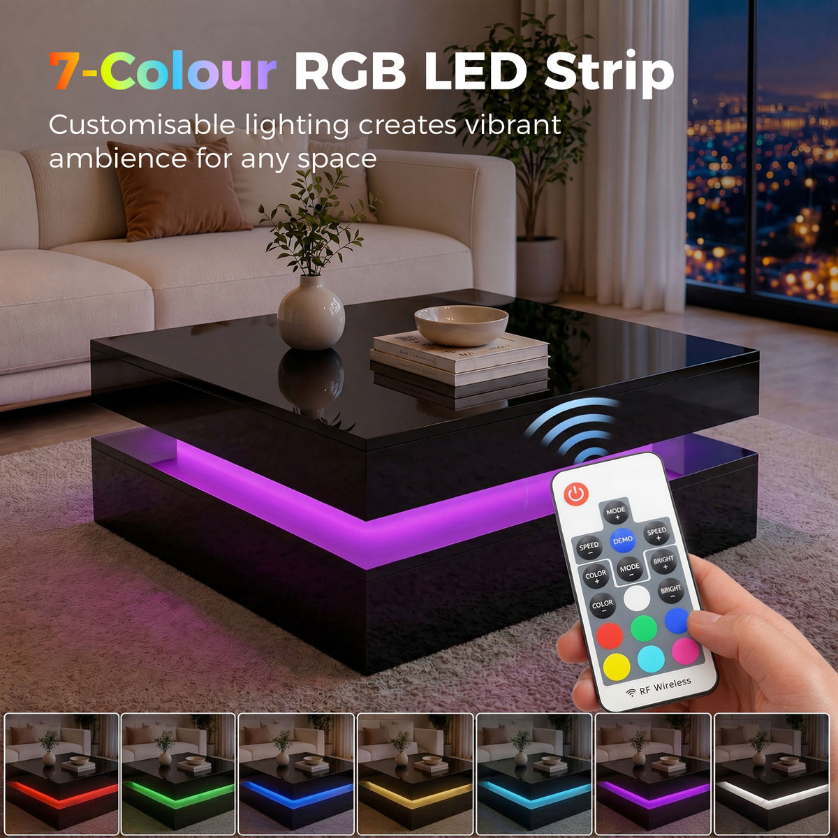 LED Coffee Table - High Gloss Black 2-Tier Modern Table-Home Furnishings > Living Room Furniture > Coffee Tables-DECOROLALA