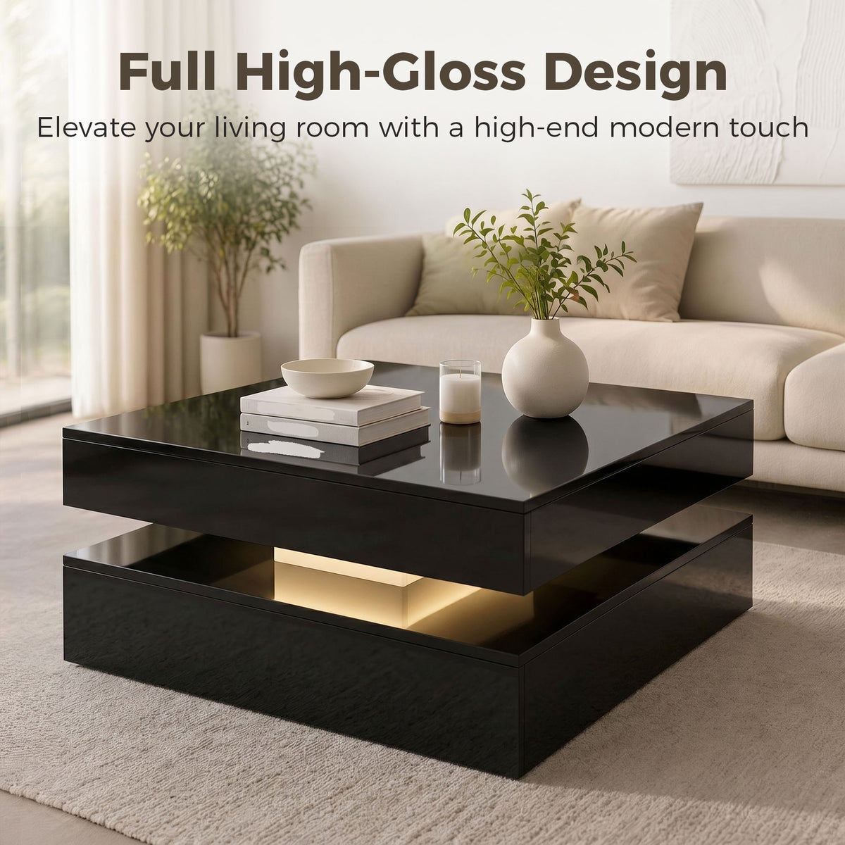 LED Coffee Table - High Gloss Black 2-Tier Modern Table-Home Furnishings > Living Room Furniture > Coffee Tables-DECOROLALA