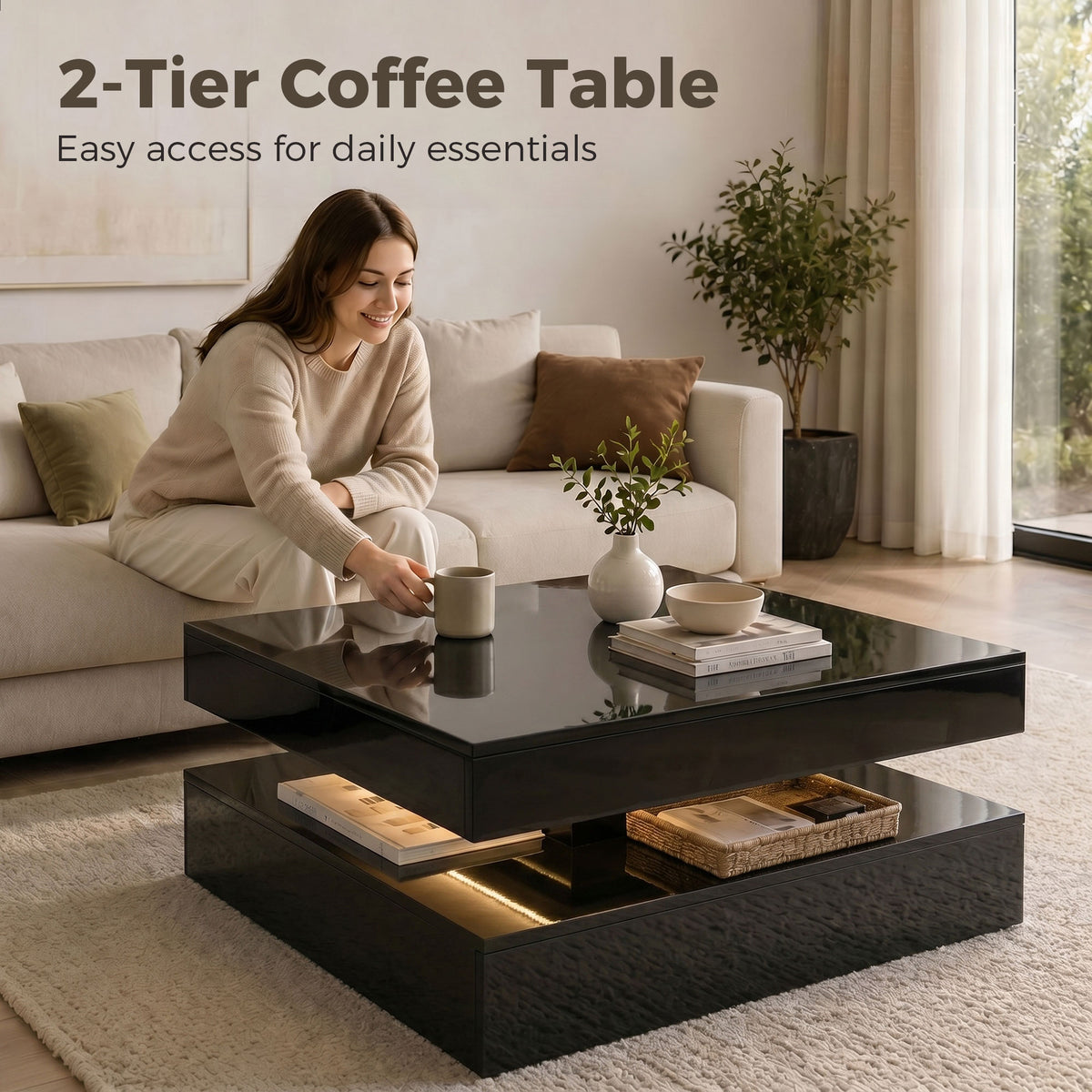 LED Coffee Table - High Gloss Black 2-Tier Modern Table-Home Furnishings > Living Room Furniture > Coffee Tables-DECOROLALA