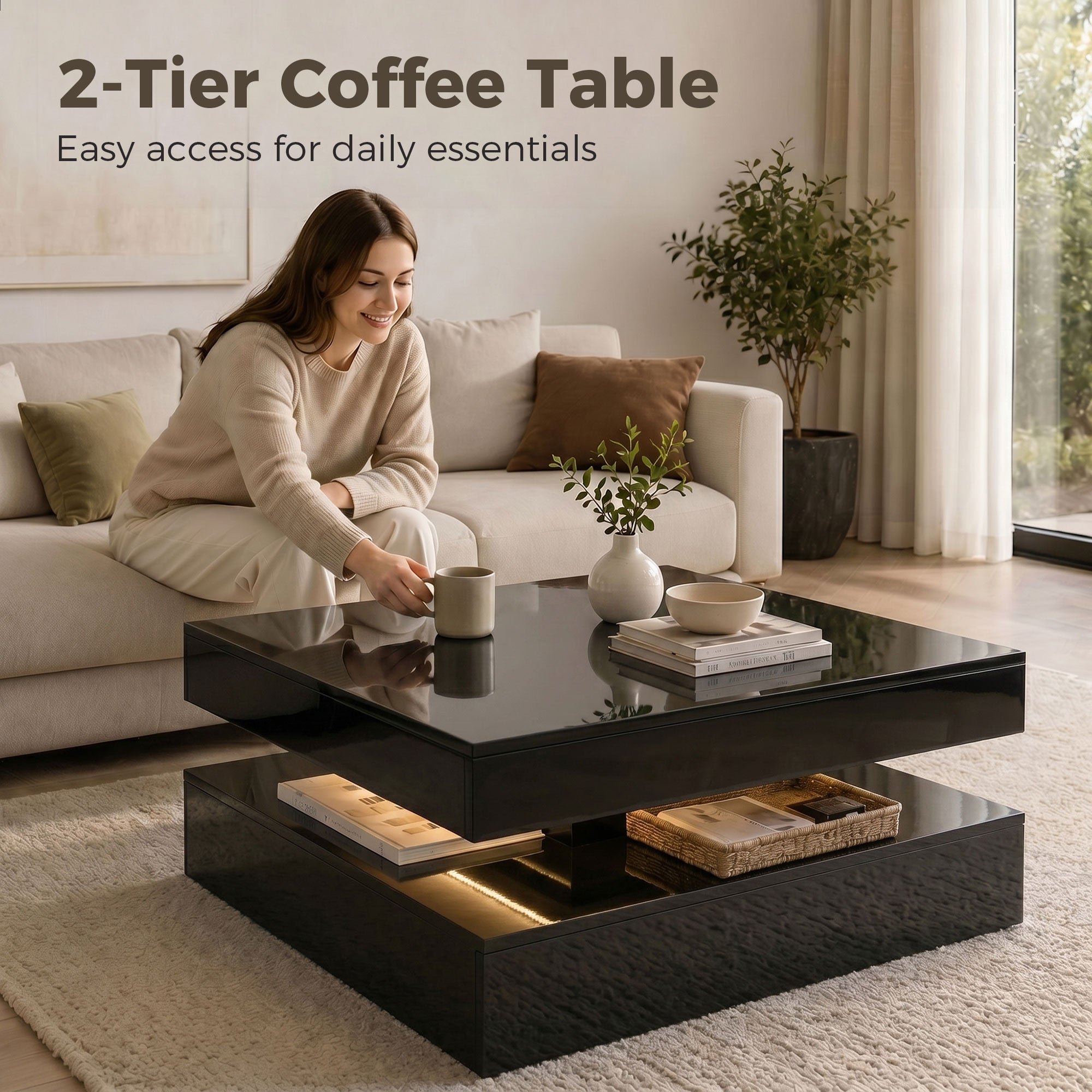 LED Coffee Table - High Gloss Black 2-Tier Modern Table-Home Furnishings > Living Room Furniture > Coffee Tables-DECOROLALA