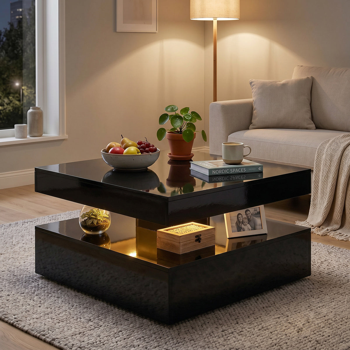 LED Coffee Table - High Gloss Black 2-Tier Modern Table-Home Furnishings > Living Room Furniture > Coffee Tables-DECOROLALA