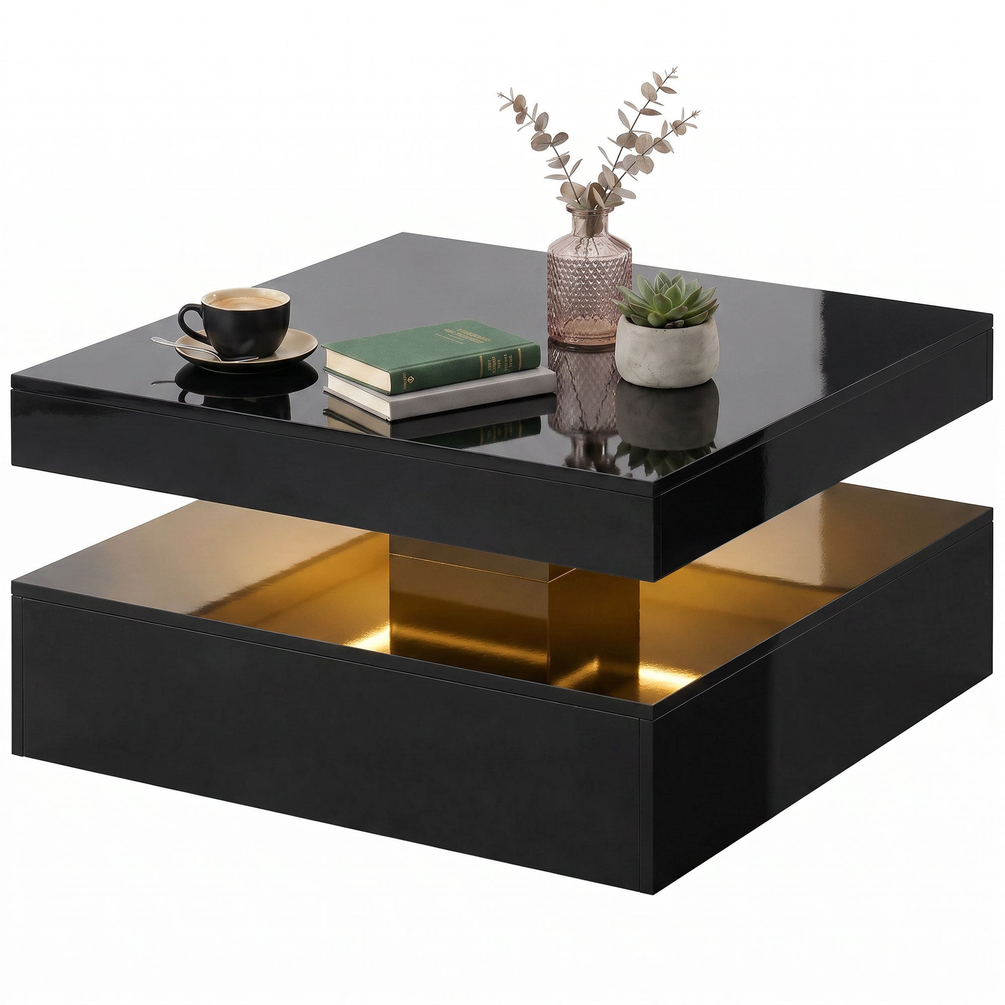 LED Coffee Table - High Gloss Black 2-Tier Modern Table-Home Furnishings > Living Room Furniture > Coffee Tables-DECOROLALA