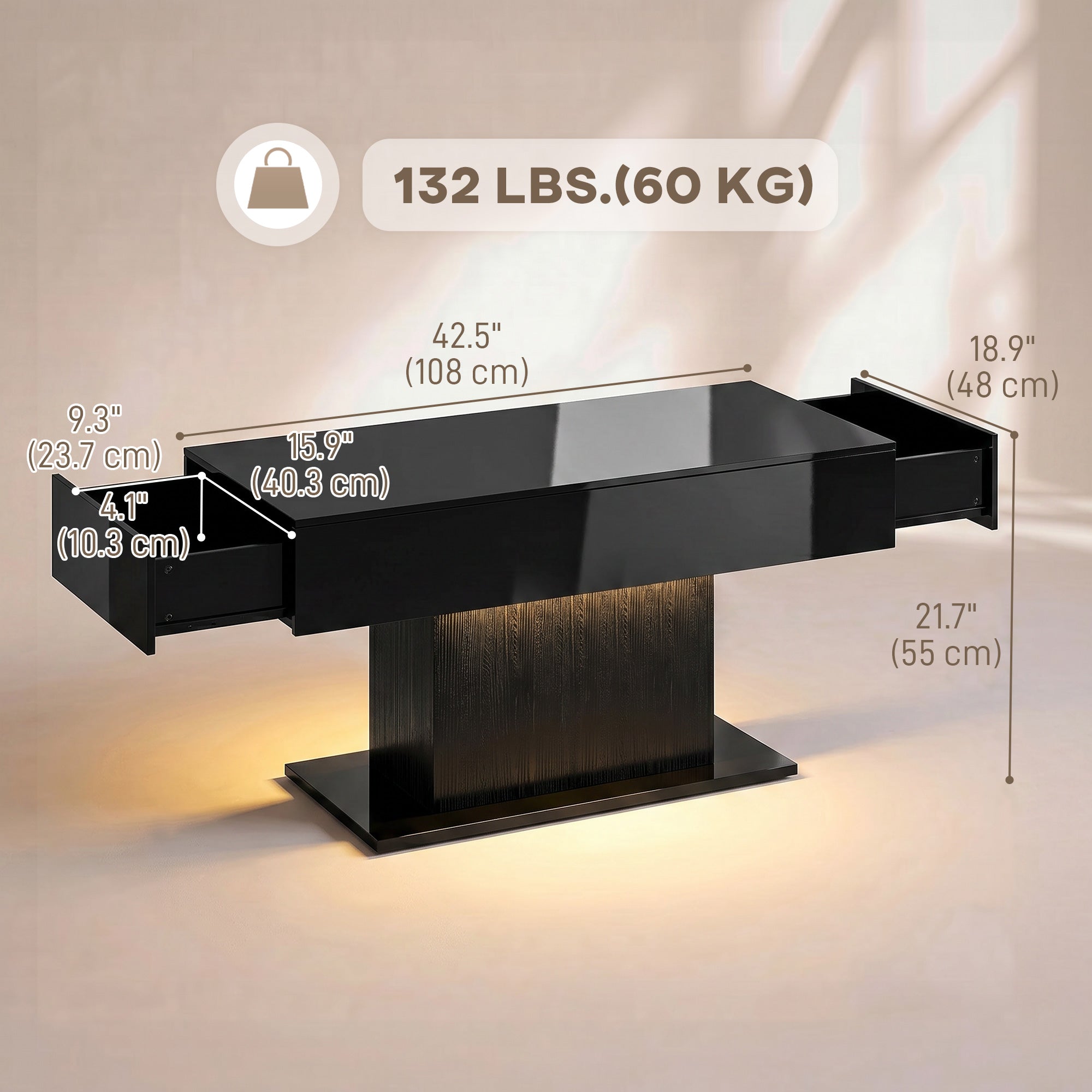 LED Coffee Table - High Gloss Black with 2 Drawers-Home Furnishings > Living Room Furniture > Coffee Tables-DECOROLALA