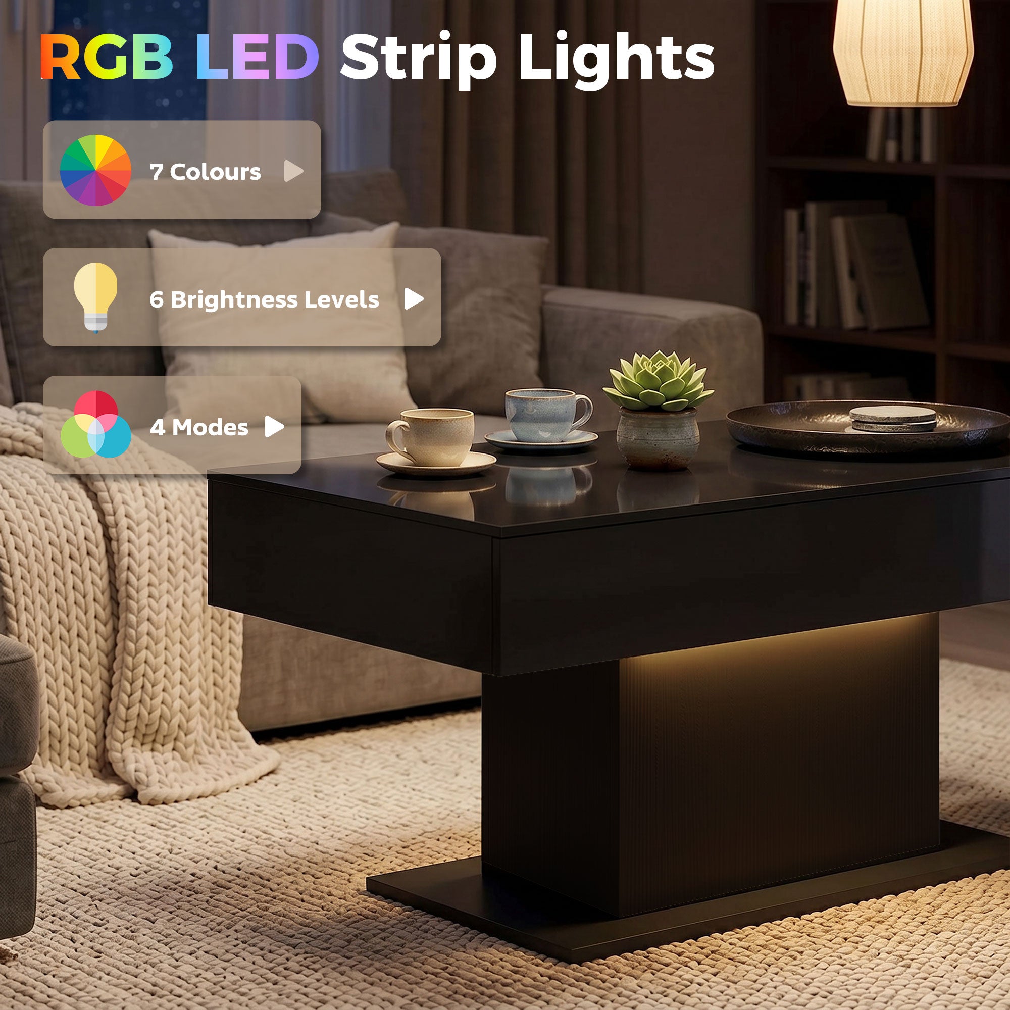 LED Coffee Table - High Gloss Black with 2 Drawers-Home Furnishings > Living Room Furniture > Coffee Tables-DECOROLALA