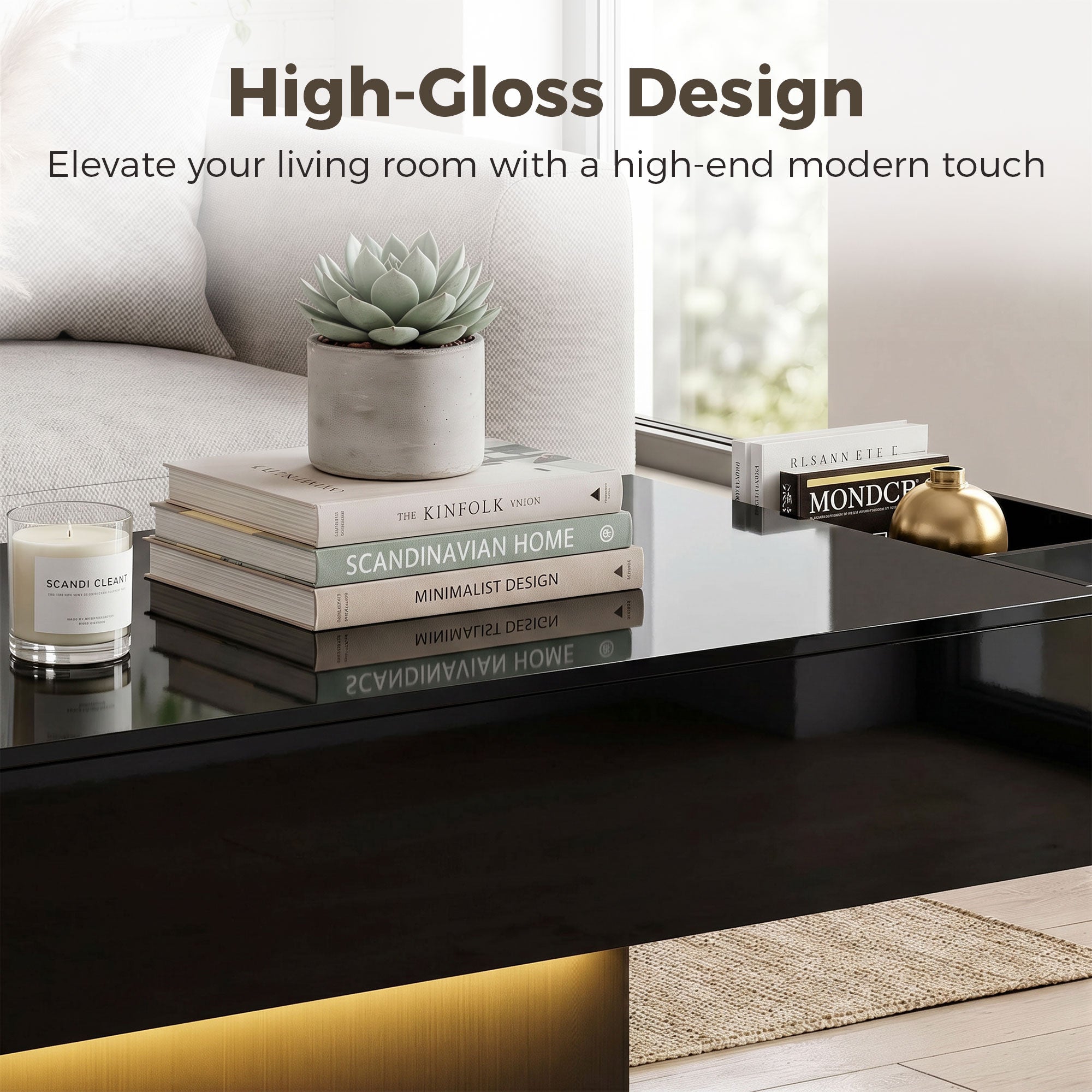 LED Coffee Table - High Gloss Black with 2 Drawers-Home Furnishings > Living Room Furniture > Coffee Tables-DECOROLALA
