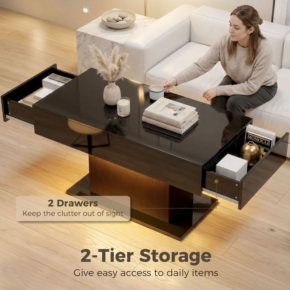 LED Coffee Table - High Gloss Black with 2 Drawers-Home Furnishings > Living Room Furniture > Coffee Tables-DECOROLALA