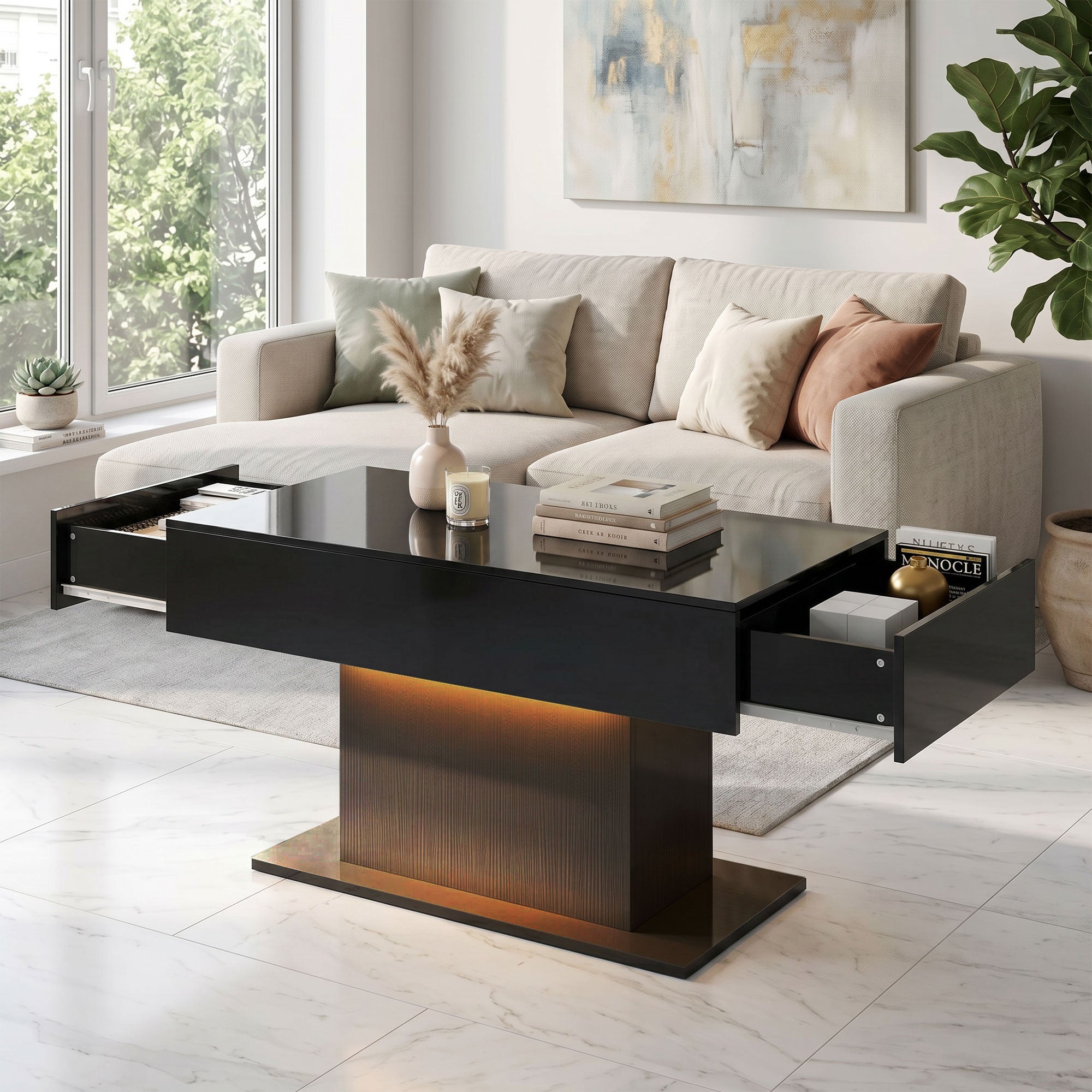 LED Coffee Table - High Gloss Black with 2 Drawers-Home Furnishings > Living Room Furniture > Coffee Tables-DECOROLALA