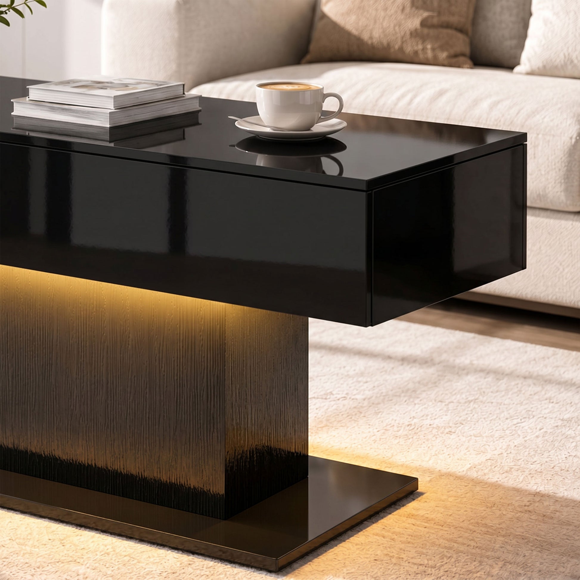 LED Coffee Table - High Gloss Black with 2 Drawers-Home Furnishings > Living Room Furniture > Coffee Tables-DECOROLALA