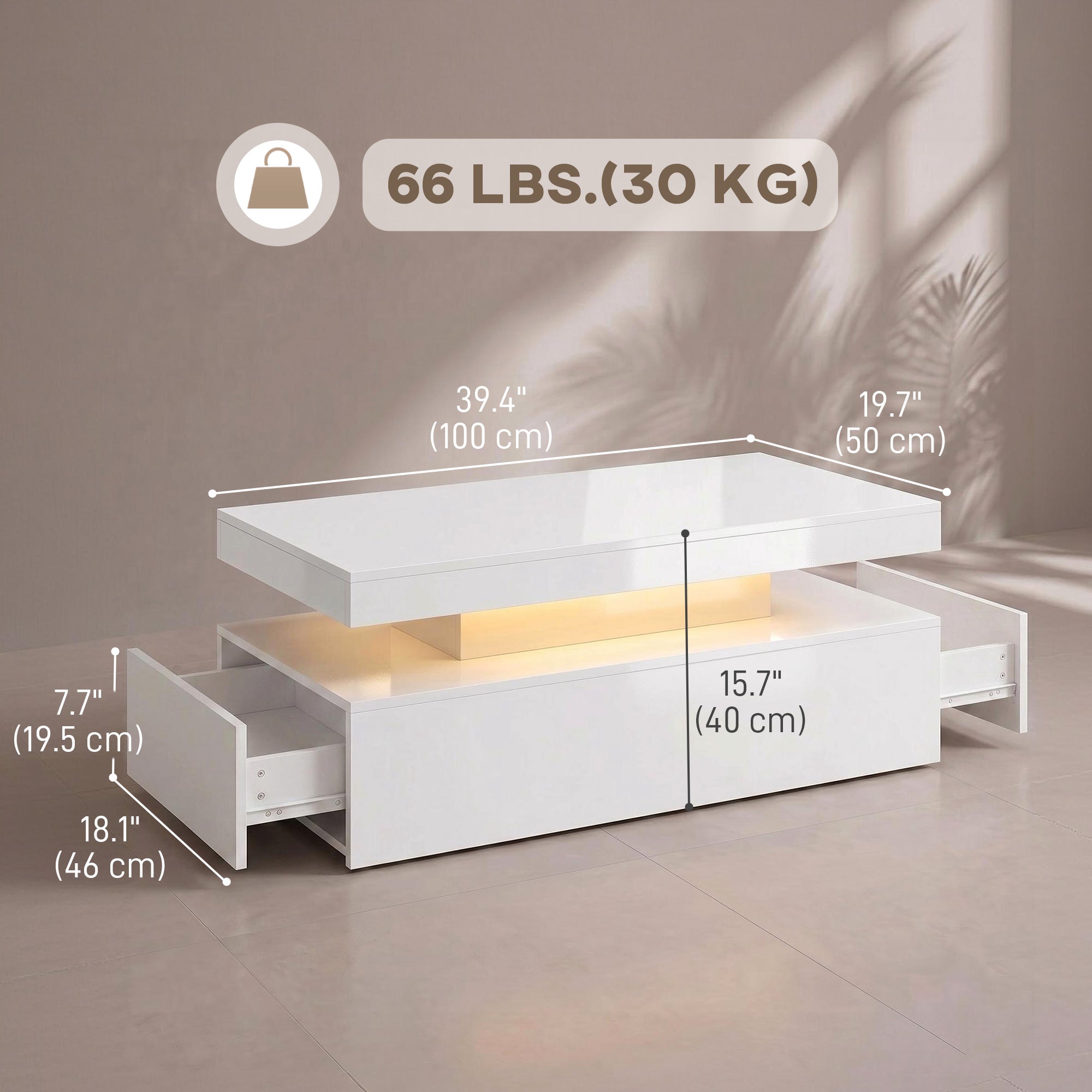 LED Coffee Table - High Gloss White 2-Drawer Modern Center Table-Home Furnishings > Living Room Furniture > Coffee Tables-DECOROLALA