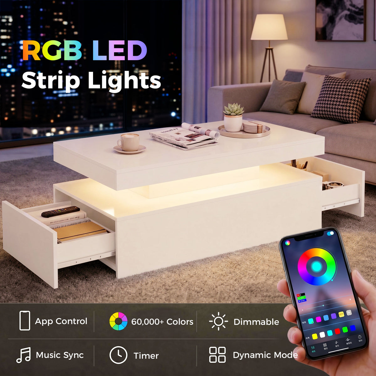 LED Coffee Table - High Gloss White 2-Drawer Modern Center Table-Home Furnishings > Living Room Furniture > Coffee Tables-DECOROLALA