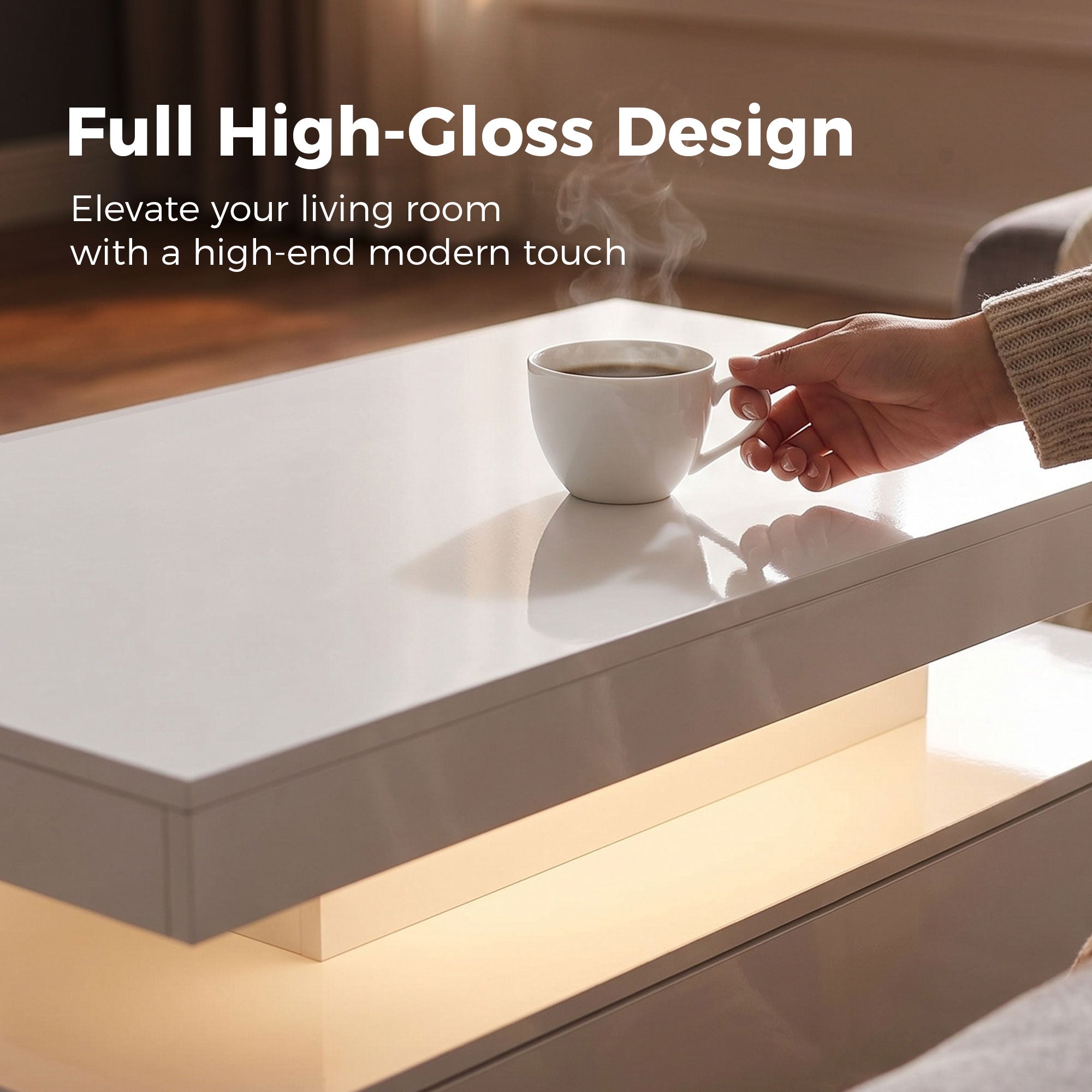 LED Coffee Table - High Gloss White 2-Drawer Modern Center Table-Home Furnishings > Living Room Furniture > Coffee Tables-DECOROLALA