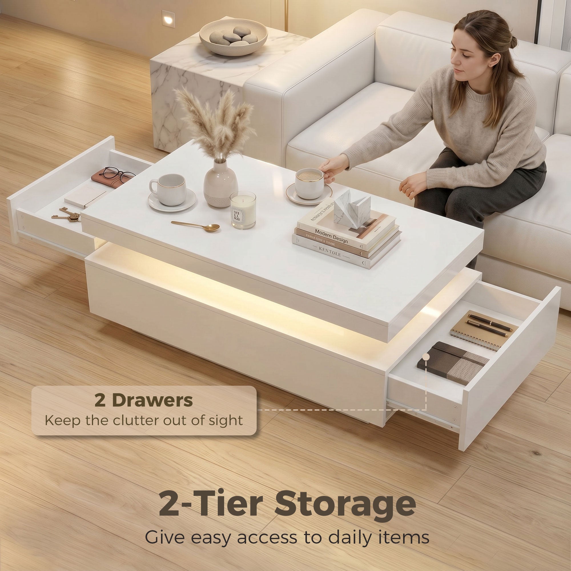 LED Coffee Table - High Gloss White 2-Drawer Modern Center Table-Home Furnishings > Living Room Furniture > Coffee Tables-DECOROLALA