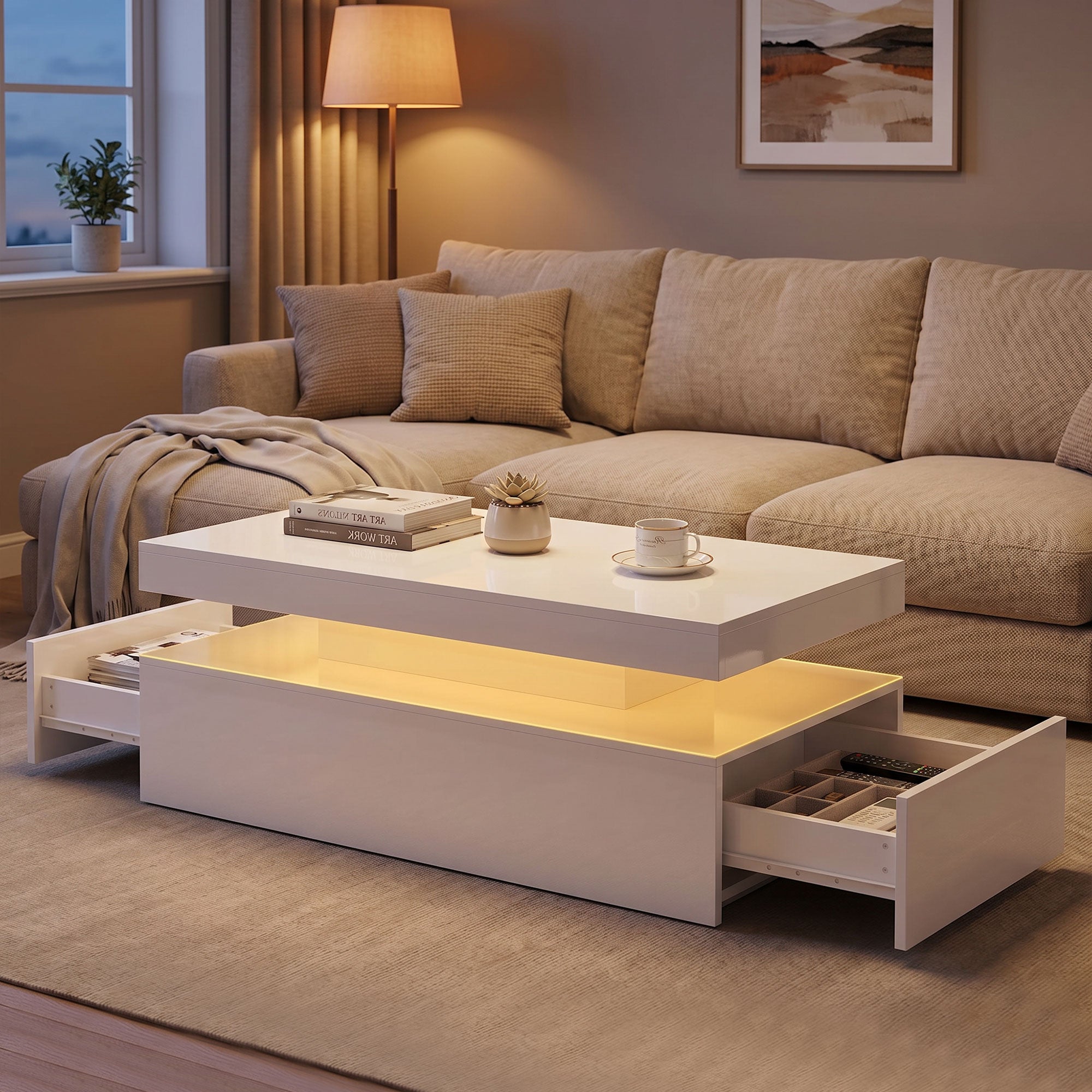 LED Coffee Table - High Gloss White 2-Drawer Modern Center Table-Home Furnishings > Living Room Furniture > Coffee Tables-DECOROLALA