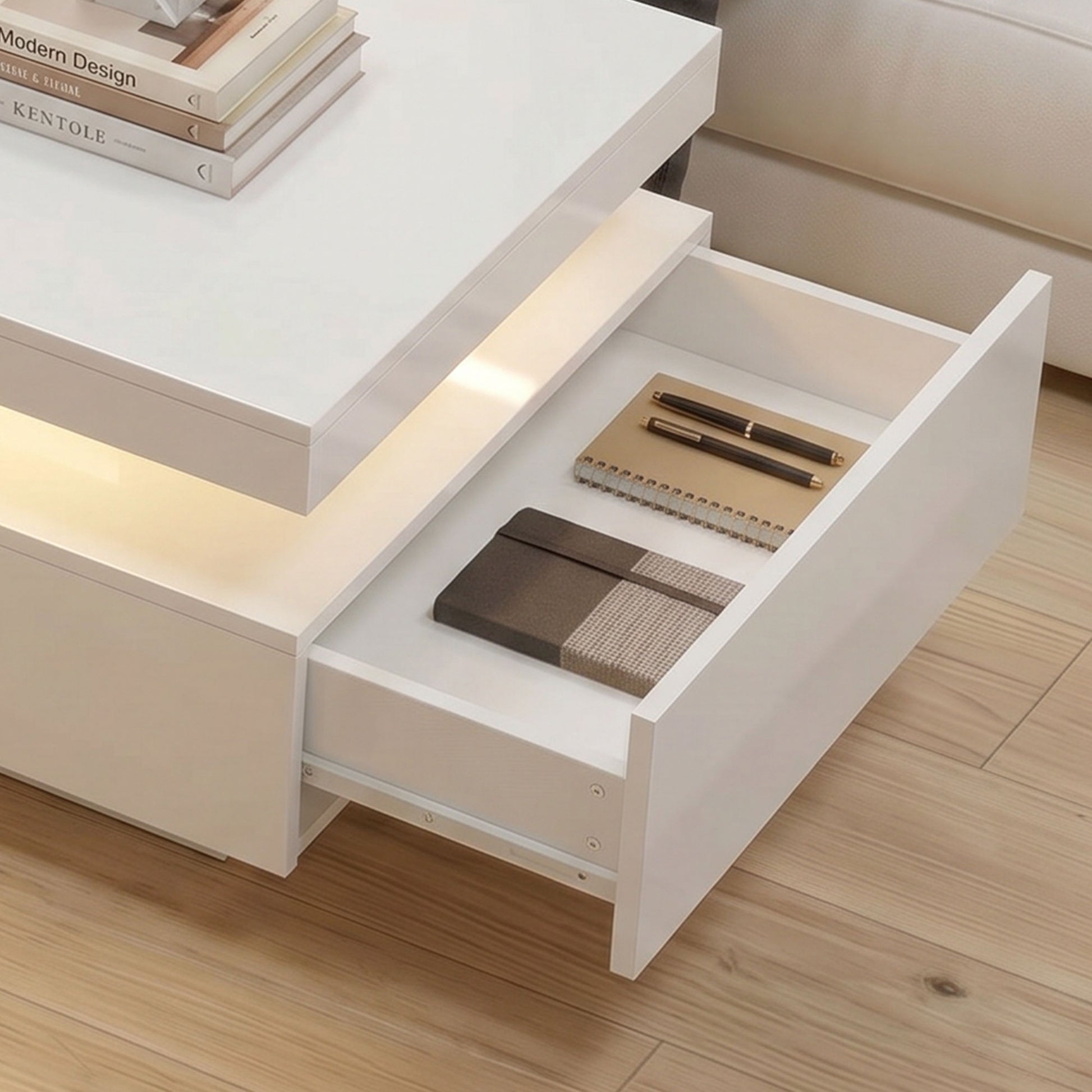 LED Coffee Table - High Gloss White 2-Drawer Modern Center Table-Home Furnishings > Living Room Furniture > Coffee Tables-DECOROLALA