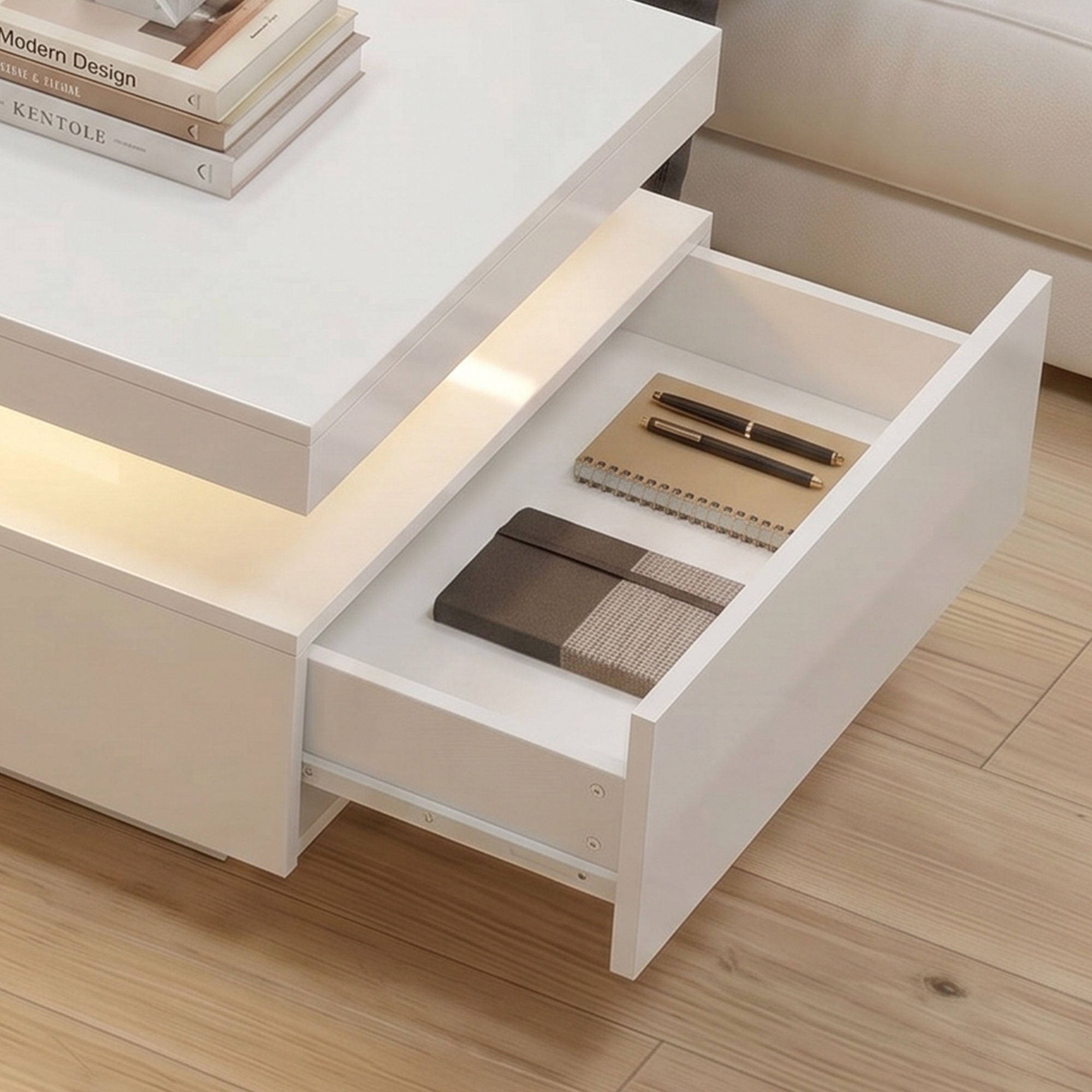LED Coffee Table - High Gloss White 2-Drawer Modern Center Table-Home Furnishings > Living Room Furniture > Coffee Tables-DECOROLALA