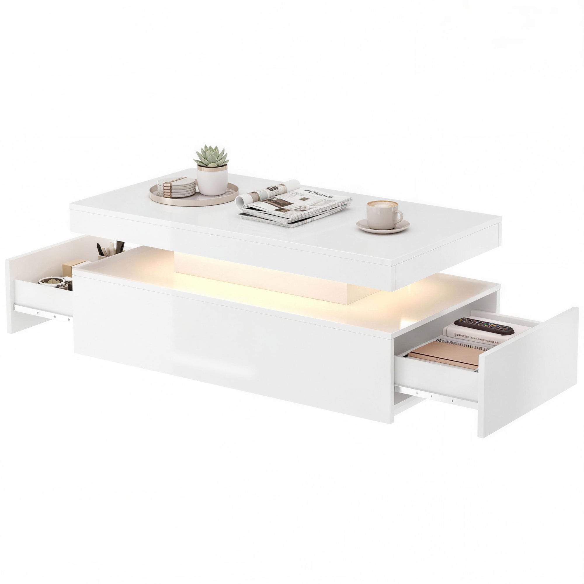 LED Coffee Table - High Gloss White 2-Drawer Modern Center Table-Home Furnishings > Living Room Furniture > Coffee Tables-DECOROLALA