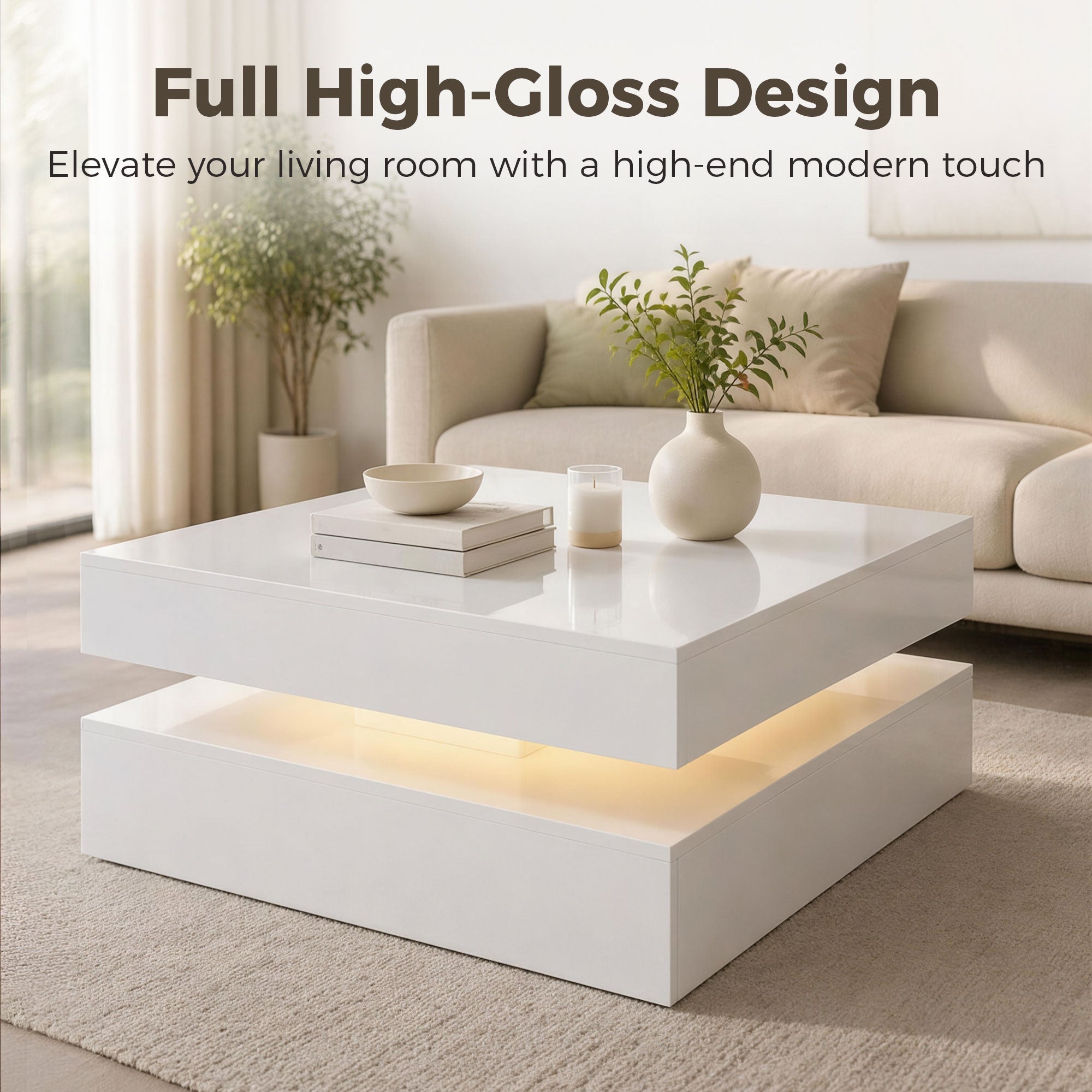 LED Coffee Table - High Gloss White 2-Tier Modern Center Table-Home Furnishings > Living Room Furniture > Coffee Tables-DECOROLALA