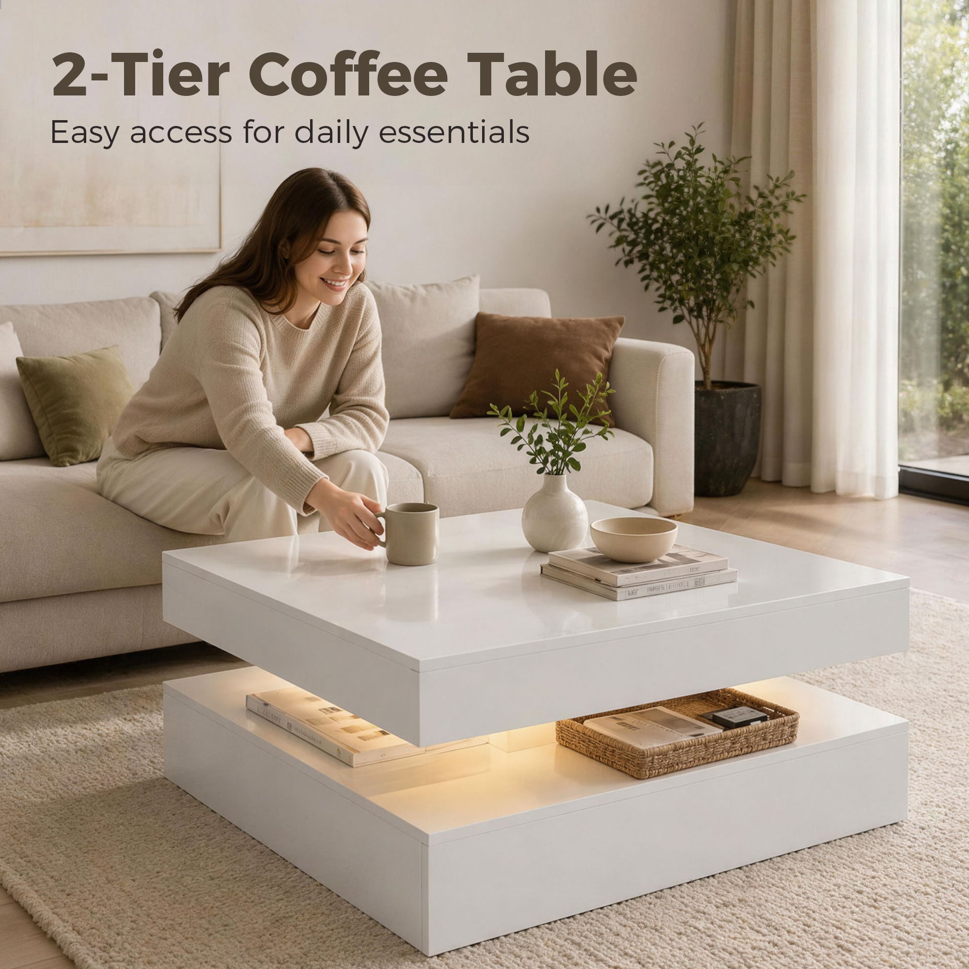 LED Coffee Table - High Gloss White 2-Tier Modern Center Table-Home Furnishings > Living Room Furniture > Coffee Tables-DECOROLALA