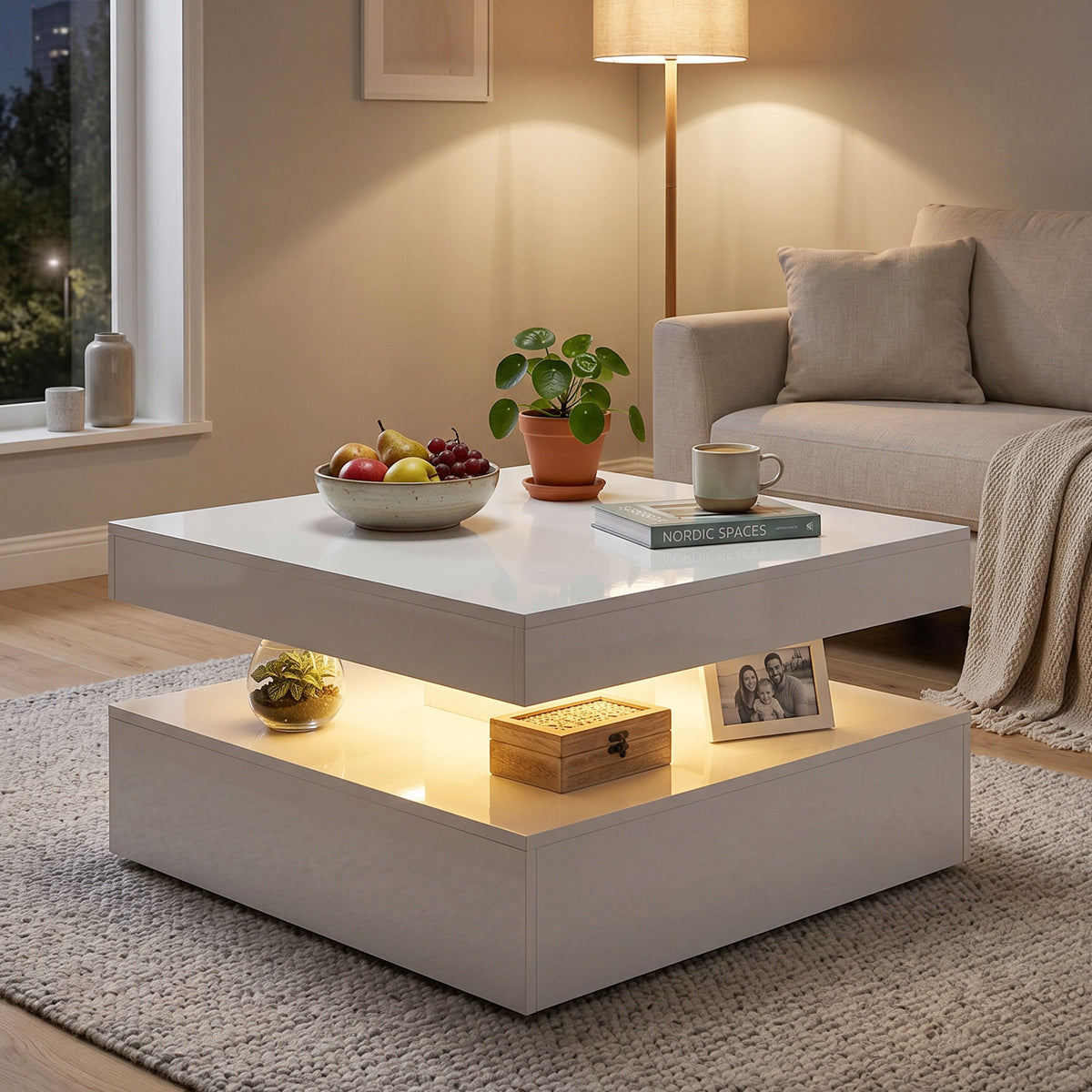 LED Coffee Table - High Gloss White 2-Tier Modern Center Table-Home Furnishings > Living Room Furniture > Coffee Tables-DECOROLALA