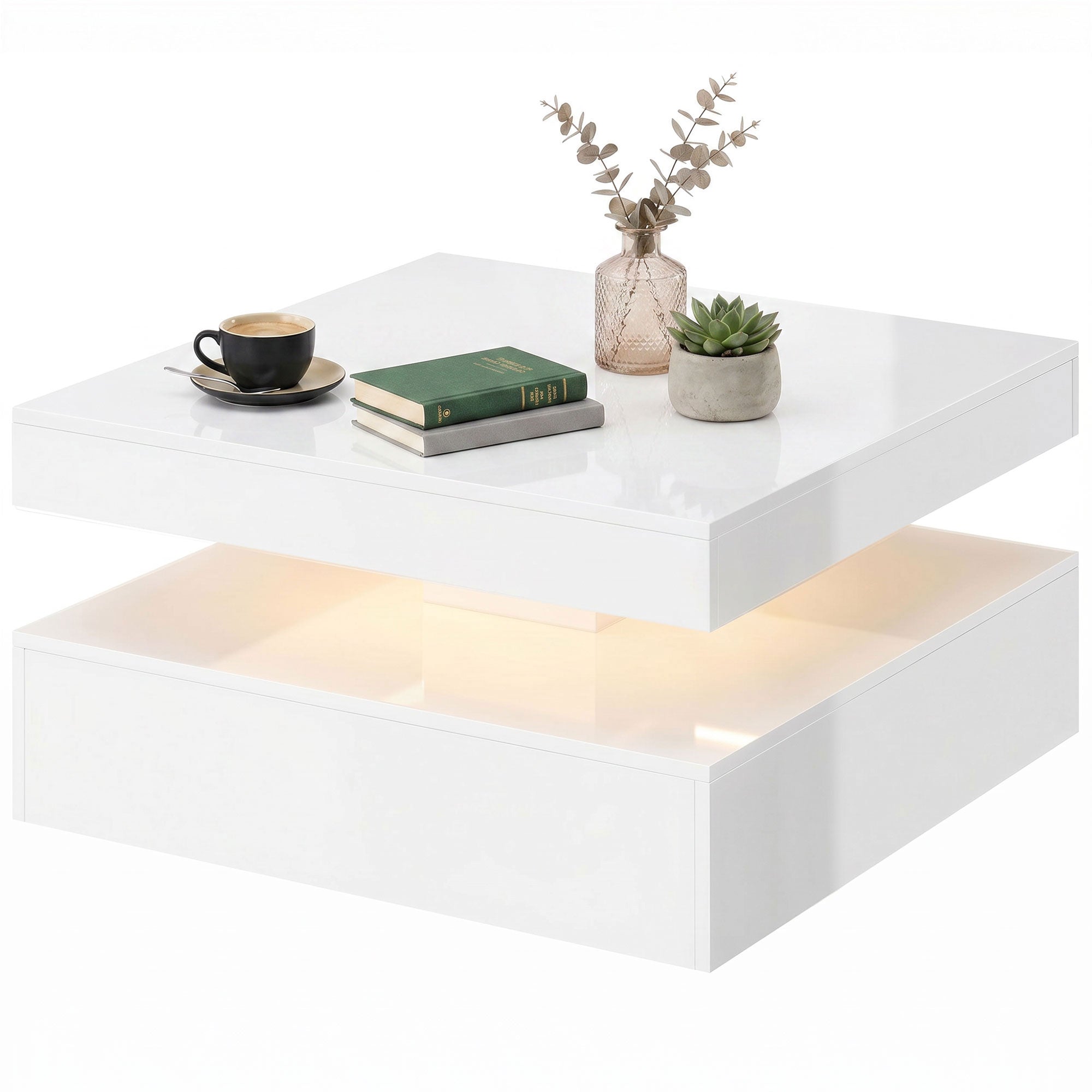 LED Coffee Table - High Gloss White 2-Tier Modern Center Table-Home Furnishings > Living Room Furniture > Coffee Tables-DECOROLALA