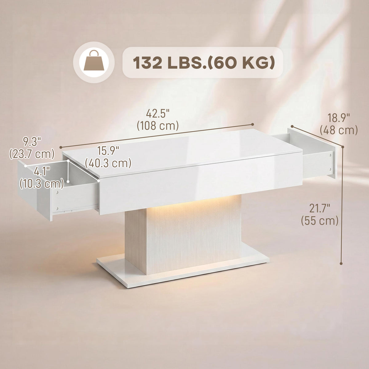 LED Coffee Table with 2 Drawers - High Gloss White-Home Furnishings > Living Room Furniture > Coffee Tables-DECOROLALA