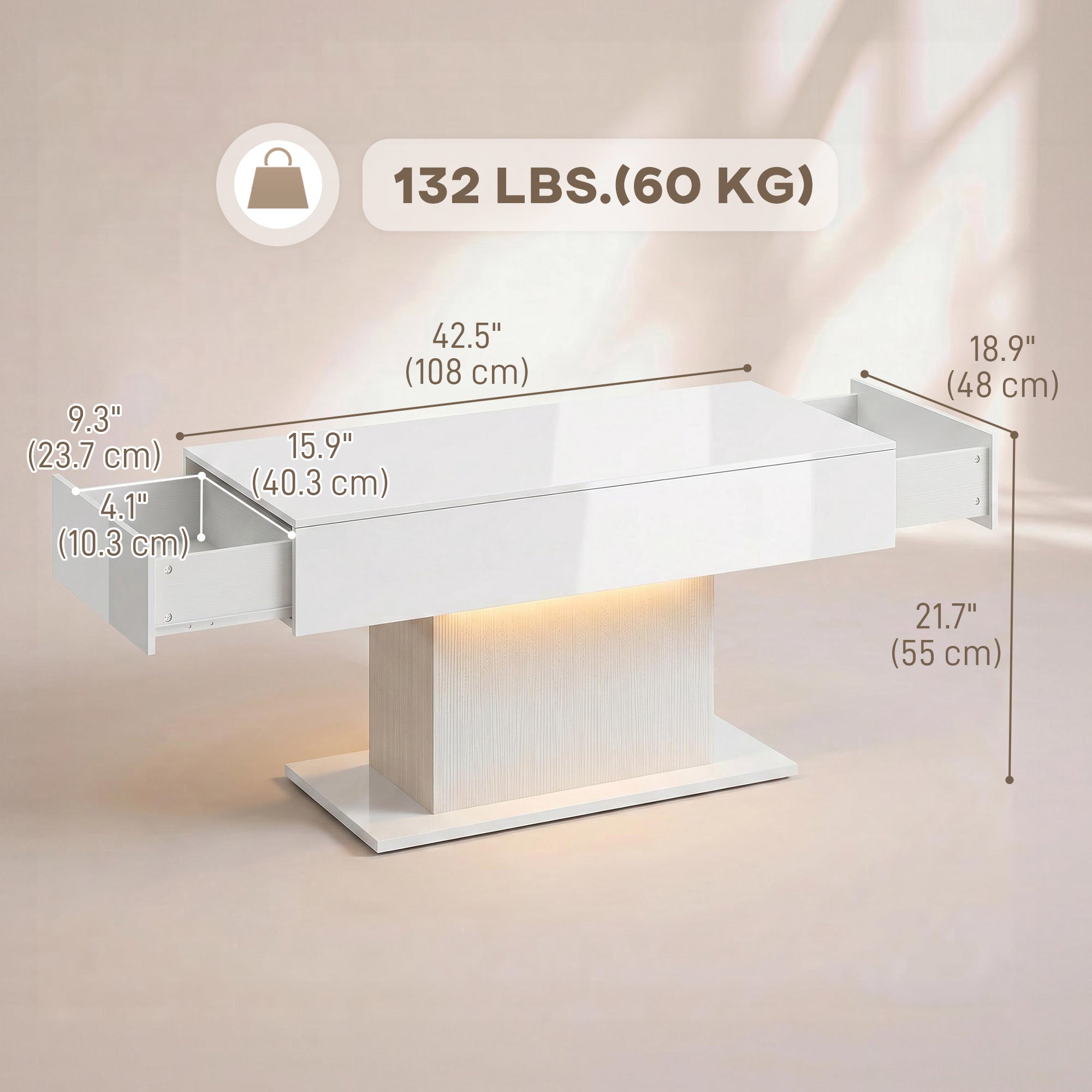 LED Coffee Table with 2 Drawers - High Gloss White-Home Furnishings > Living Room Furniture > Coffee Tables-DECOROLALA