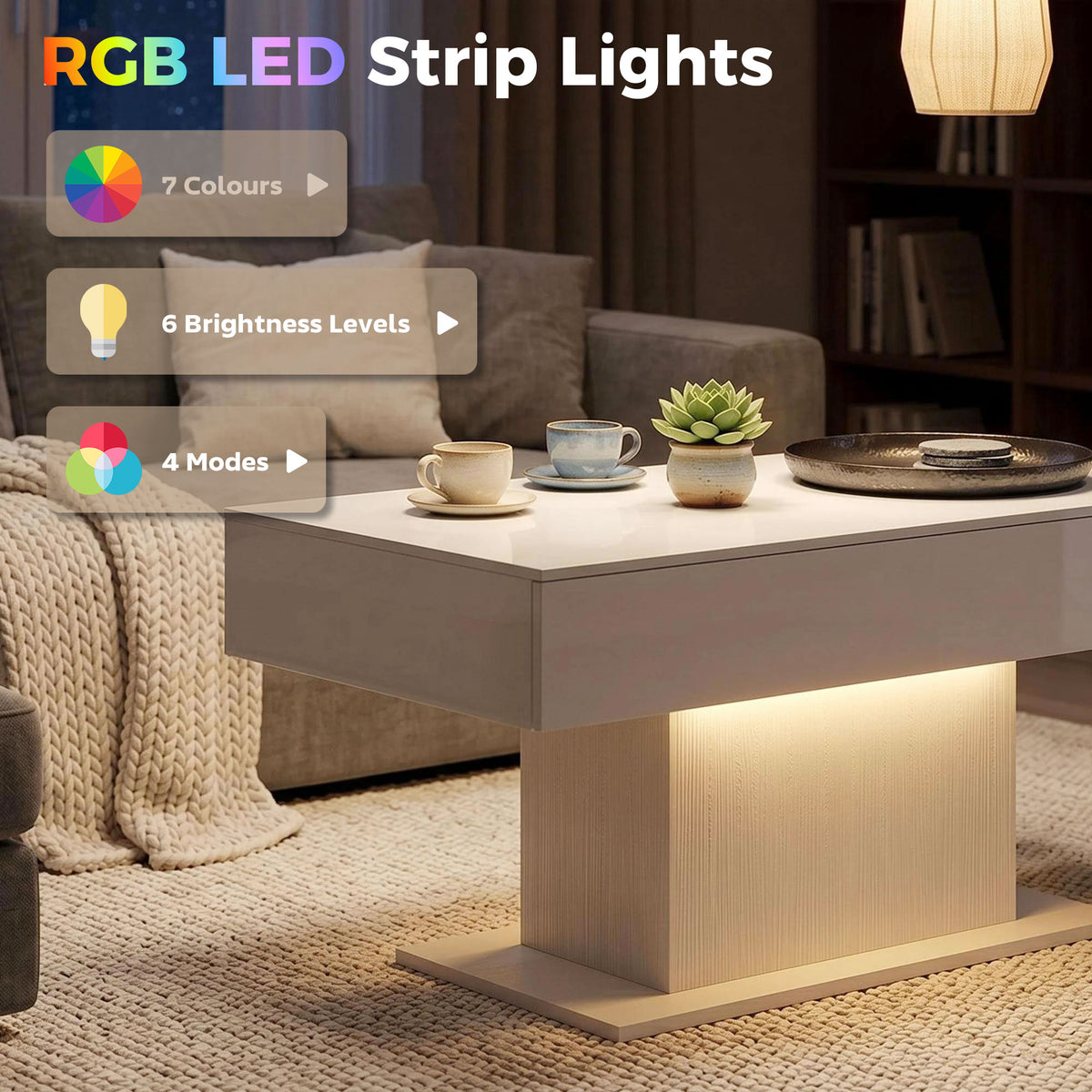 LED Coffee Table with 2 Drawers - High Gloss White-Home Furnishings > Living Room Furniture > Coffee Tables-DECOROLALA