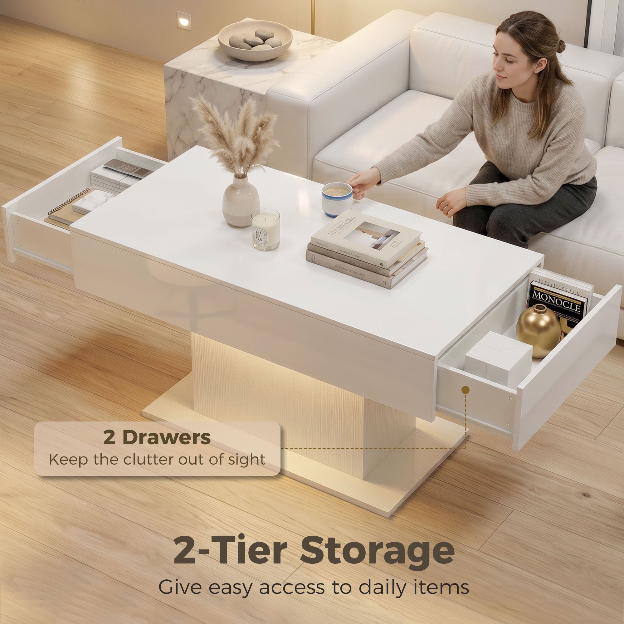 LED Coffee Table with 2 Drawers - High Gloss White-Home Furnishings > Living Room Furniture > Coffee Tables-DECOROLALA
