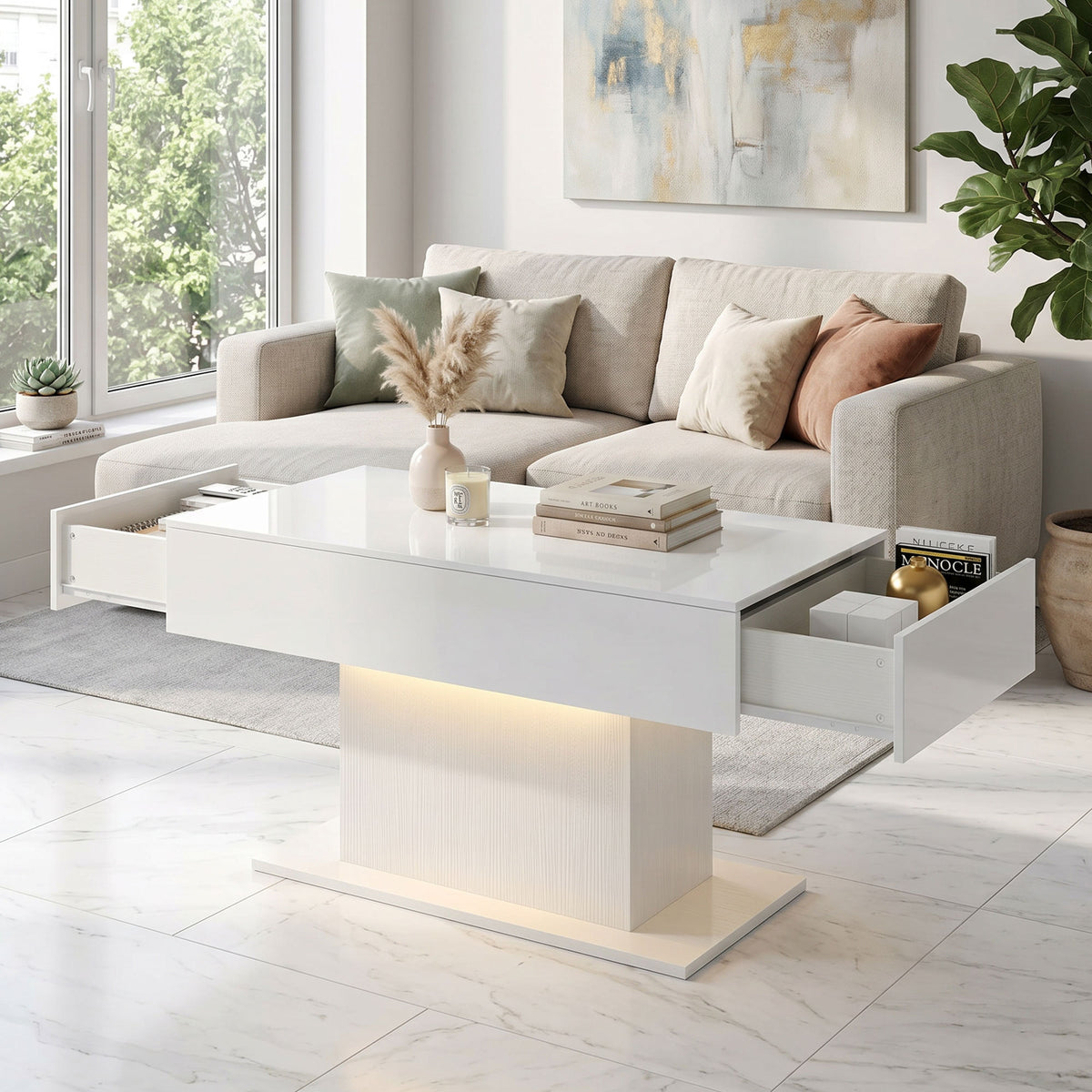 LED Coffee Table with 2 Drawers - High Gloss White-Home Furnishings > Living Room Furniture > Coffee Tables-DECOROLALA