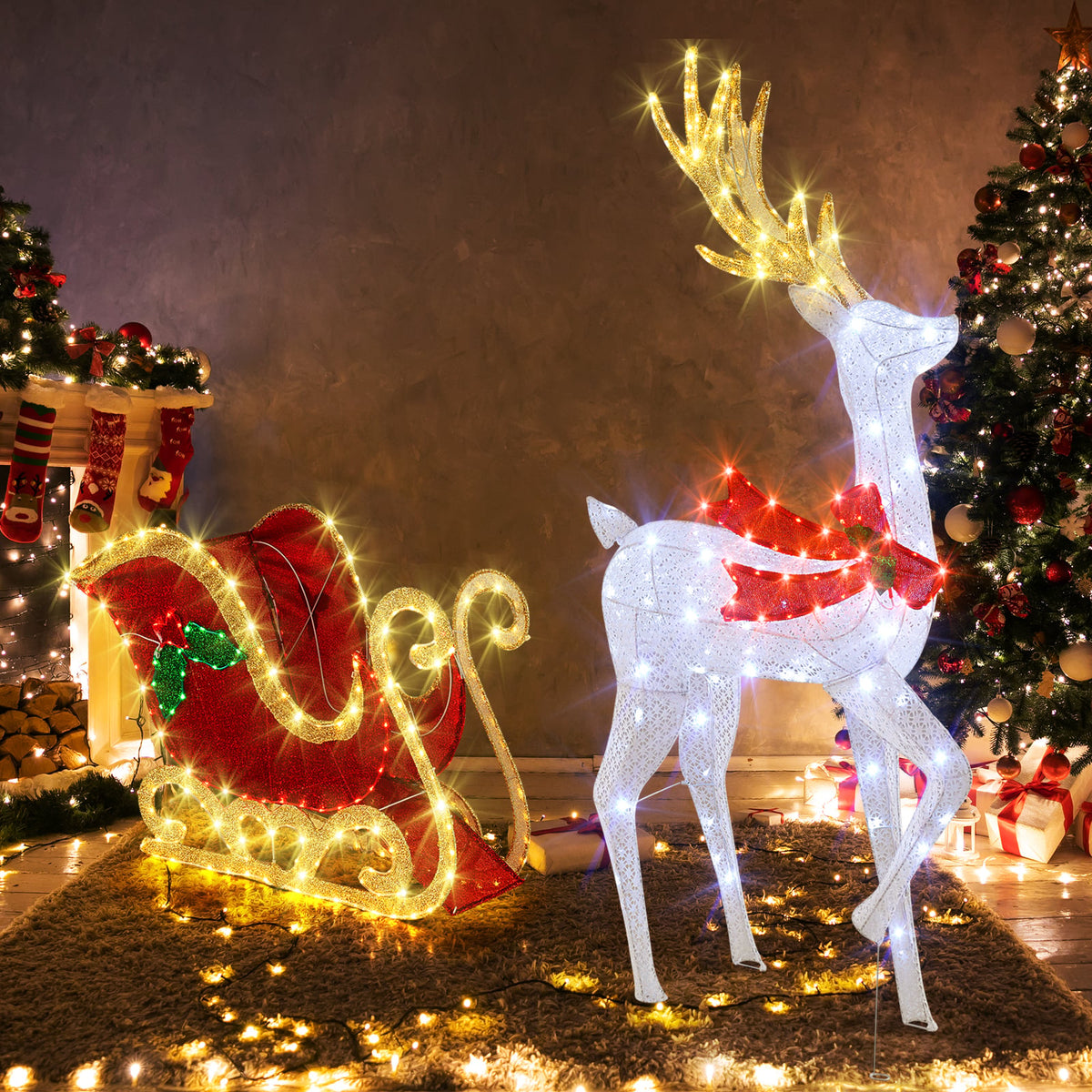 LED Lighted Christmas Reindeer and Santas Sleigh-Christmas Decorations & Accessories-DECOROLALA