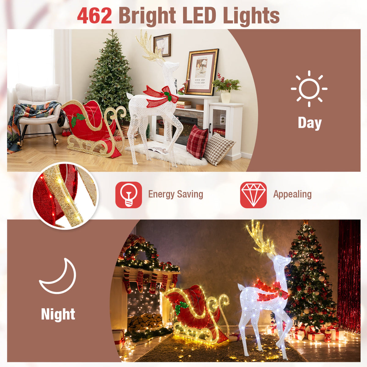 LED Lighted Christmas Reindeer and Santas Sleigh-Christmas Decorations & Accessories-DECOROLALA