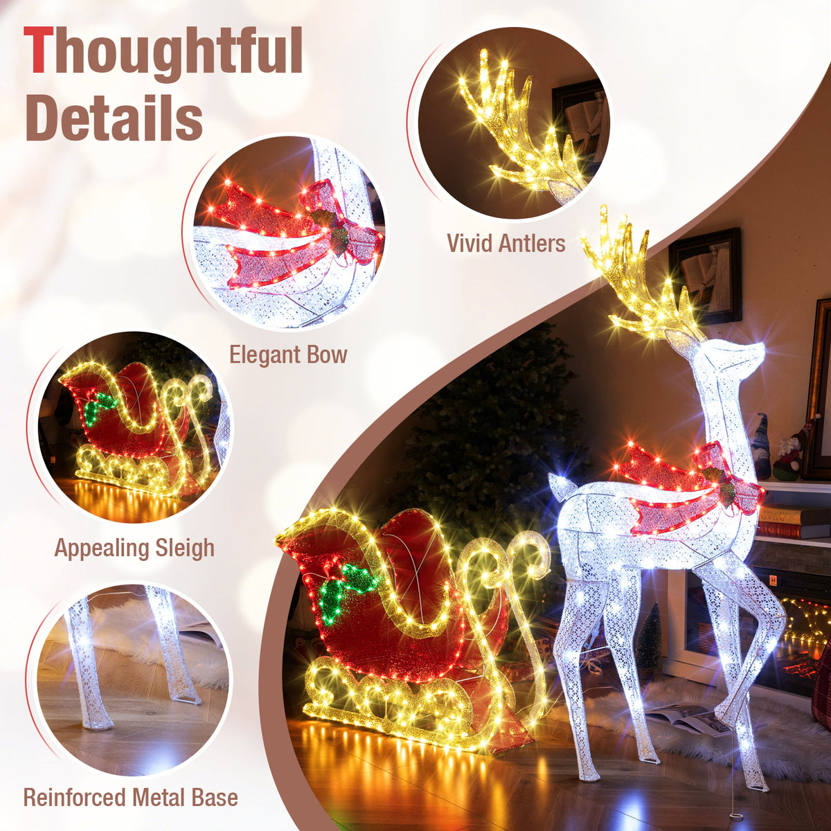 LED Lighted Christmas Reindeer and Santas Sleigh-Christmas Decorations & Accessories-DECOROLALA