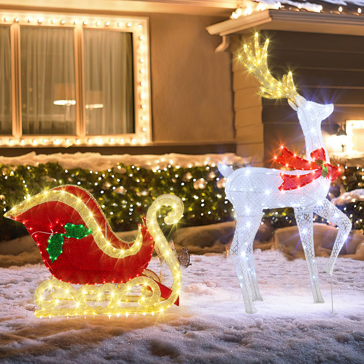 LED Lighted Christmas Reindeer and Santas Sleigh-Christmas Decorations & Accessories-DECOROLALA