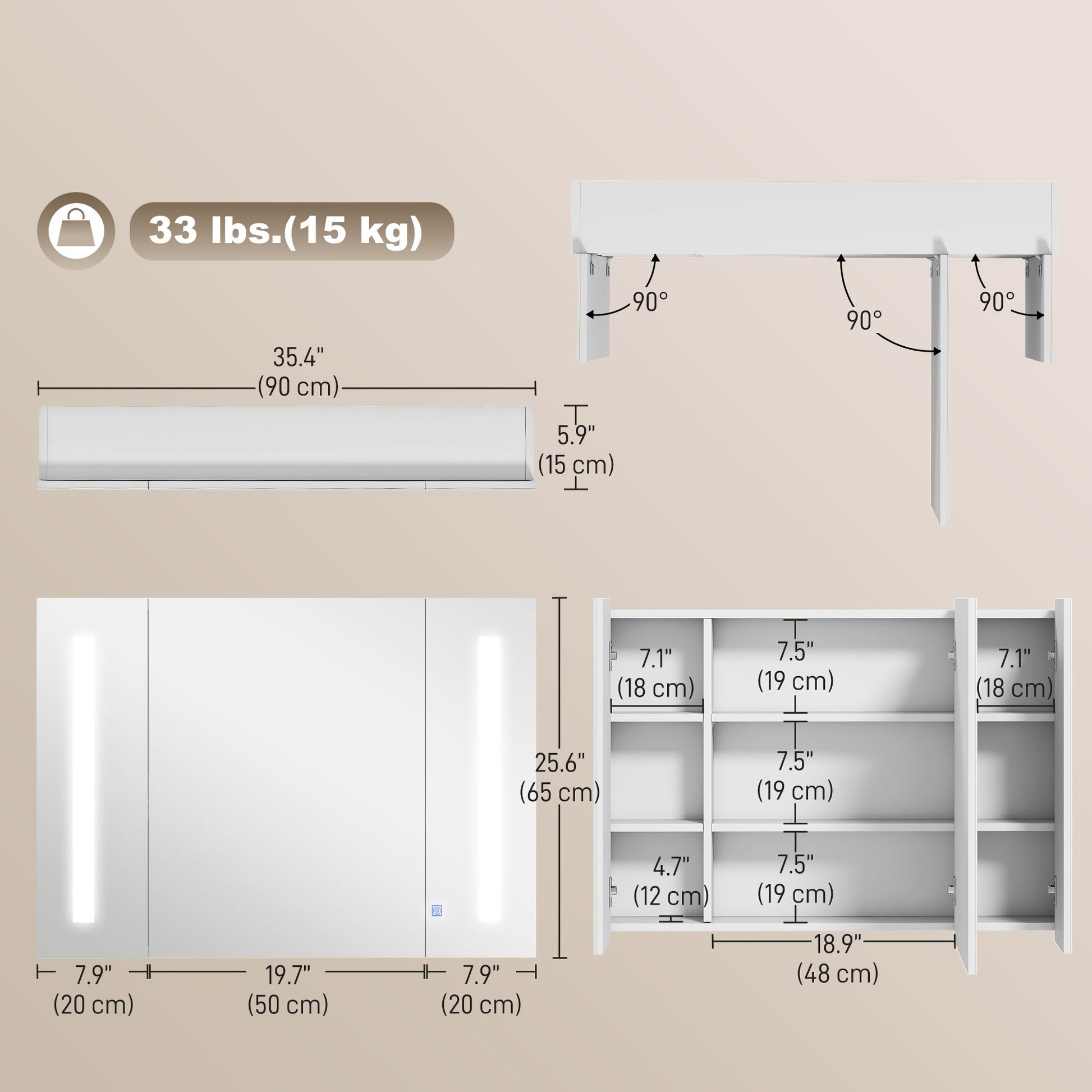 LED Medicine Cabinet with Mirror - High Gloss White 35"-DECOROLALA