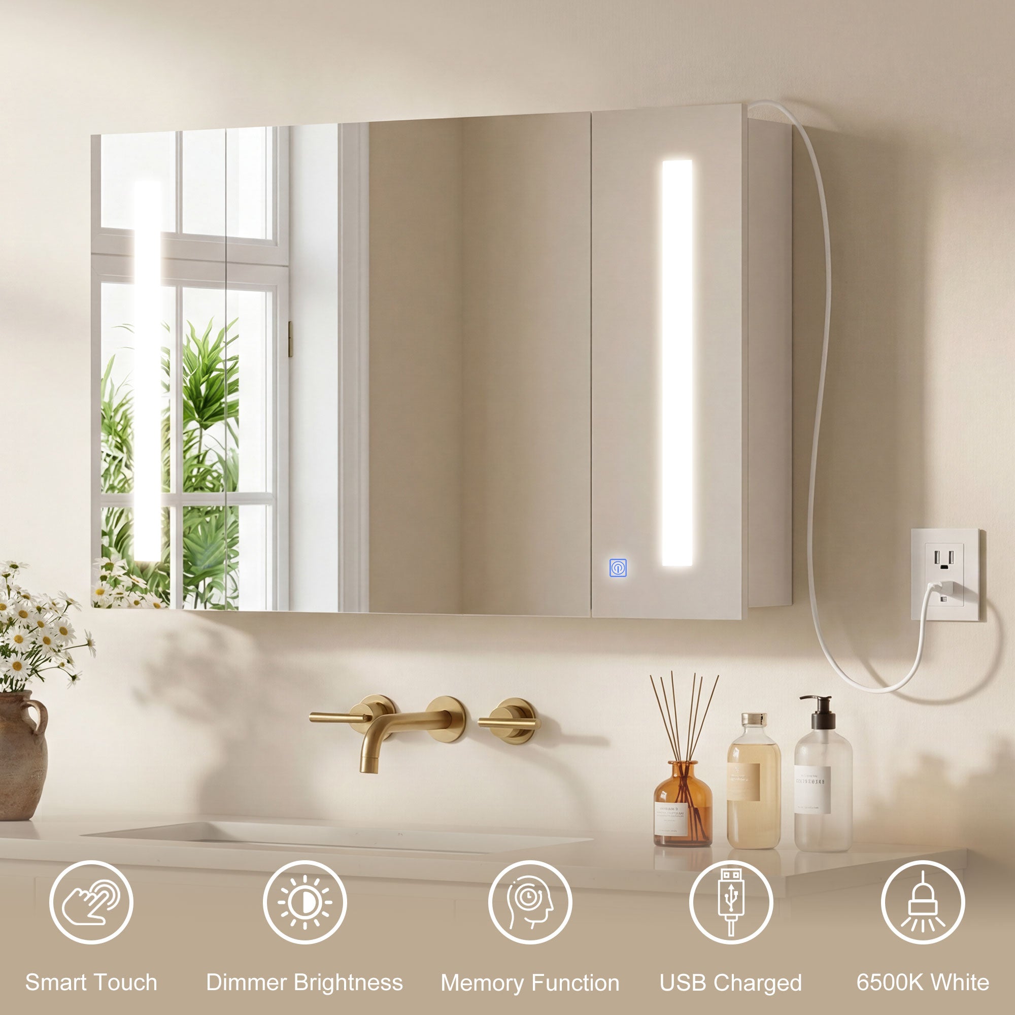LED Medicine Cabinet with Mirror - High Gloss White 35"-DECOROLALA