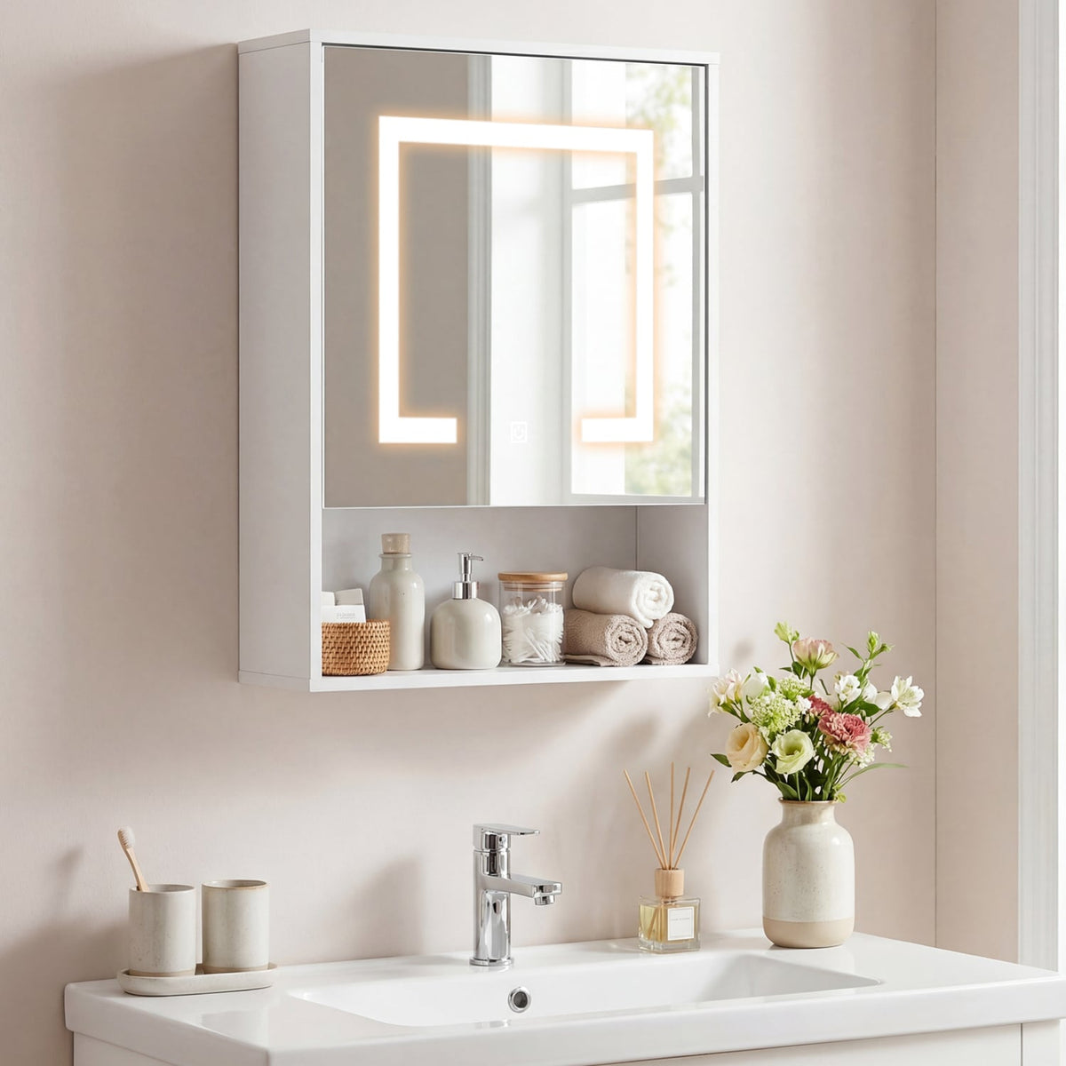 LED Mirrored Medicine Cabinet - 3-Color Lighted White 18"x24"-Wall Cabinets-DECOROLALA