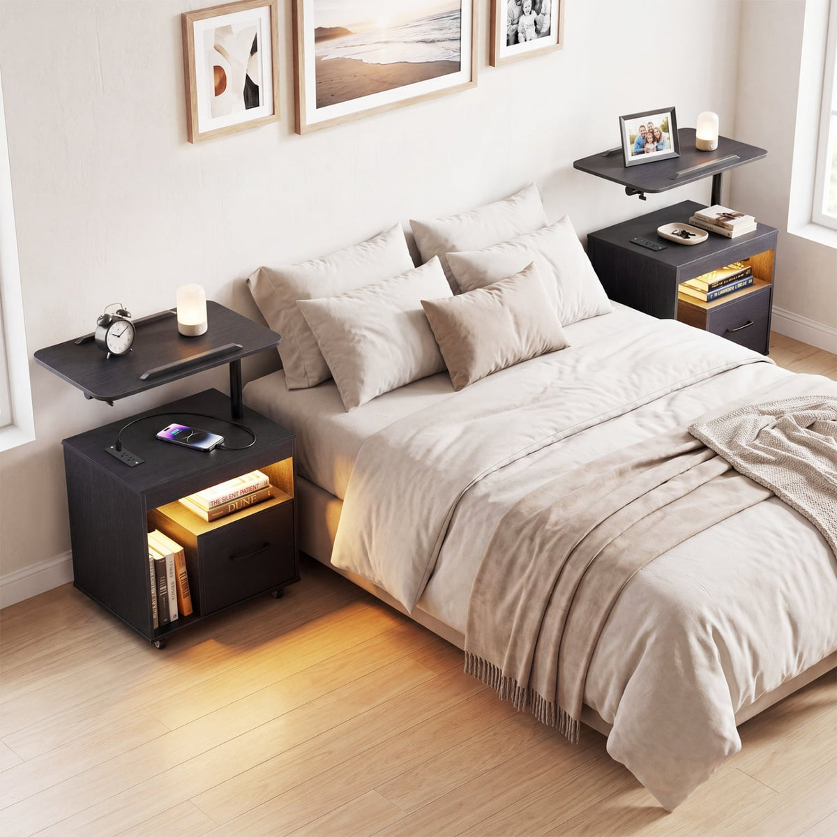 LED Nightstand with Power Outlets Modern Bedside Table with Flip over-Black-Nightstands-DECOROLALA