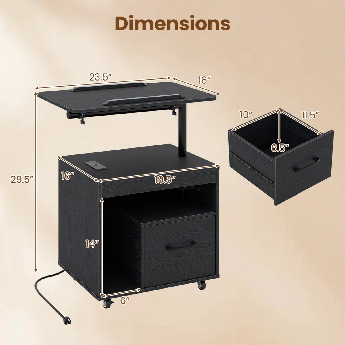 LED Nightstand with Power Outlets Modern Bedside Table with Flip over-Black-Nightstands-DECOROLALA