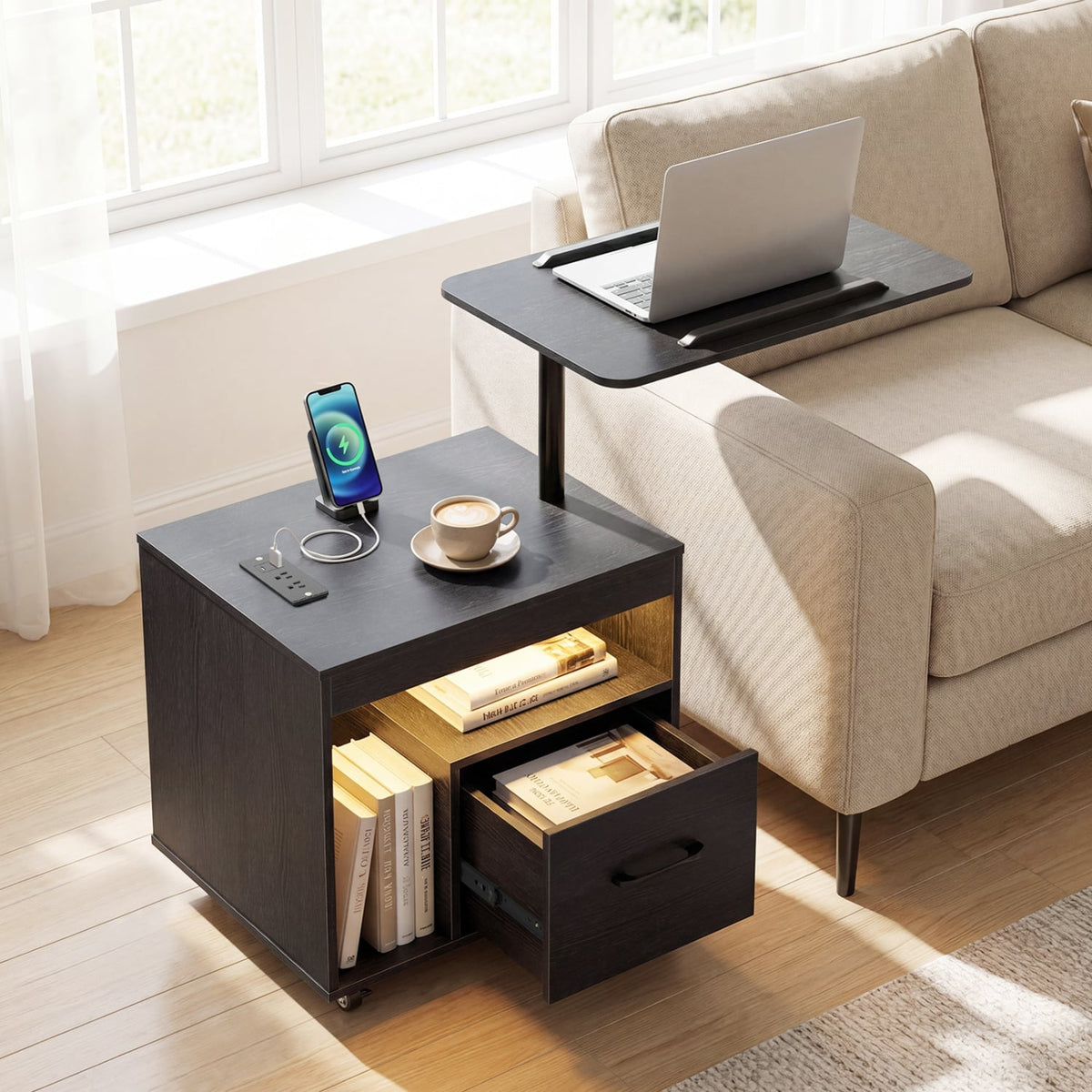 LED Nightstand with Power Outlets Modern Bedside Table with Flip over-Black-Nightstands-DECOROLALA