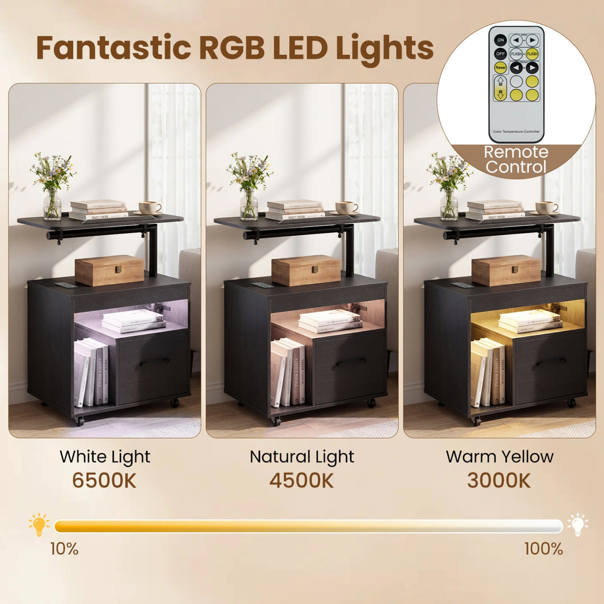 LED Nightstand with Power Outlets Modern Bedside Table with Flip over-Black-Nightstands-DECOROLALA