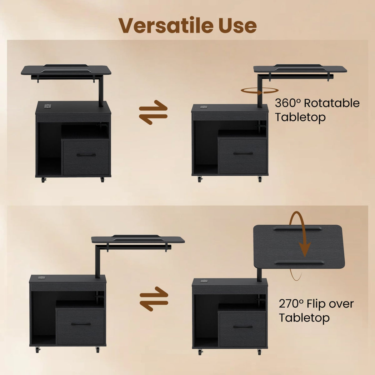 LED Nightstand with Power Outlets Modern Bedside Table with Flip over-Black-Nightstands-DECOROLALA